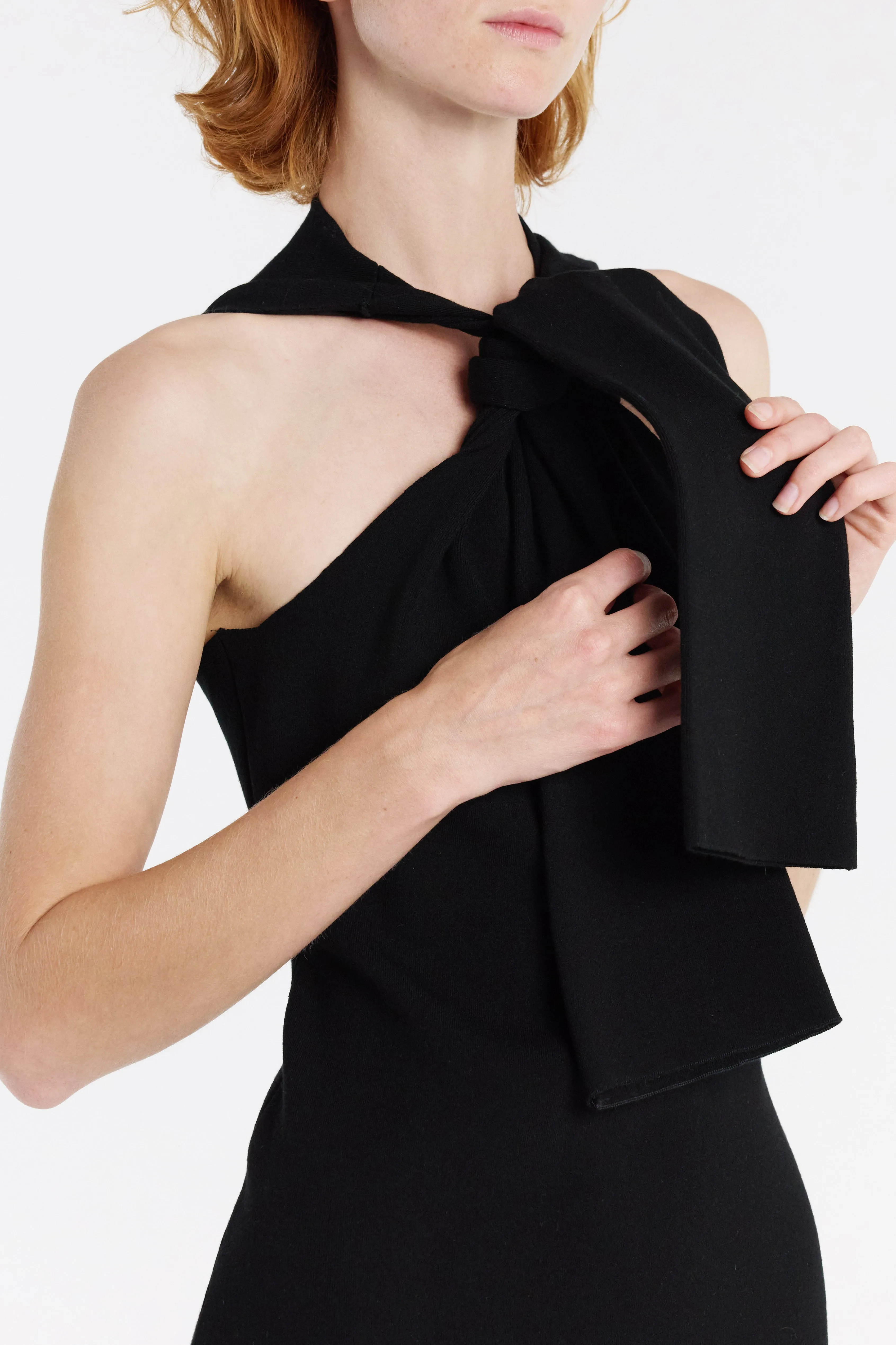 Sophisticated Elegance Knit Dress With Neck Tie Black