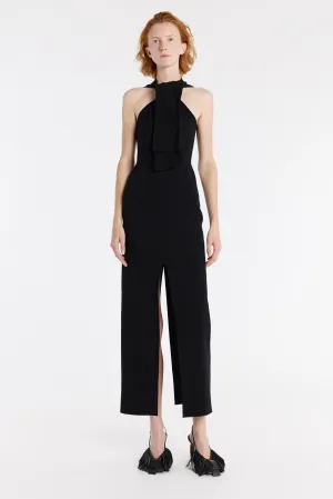 Fluid Fabric Essential Style Knit Dress With Neck Tie Black