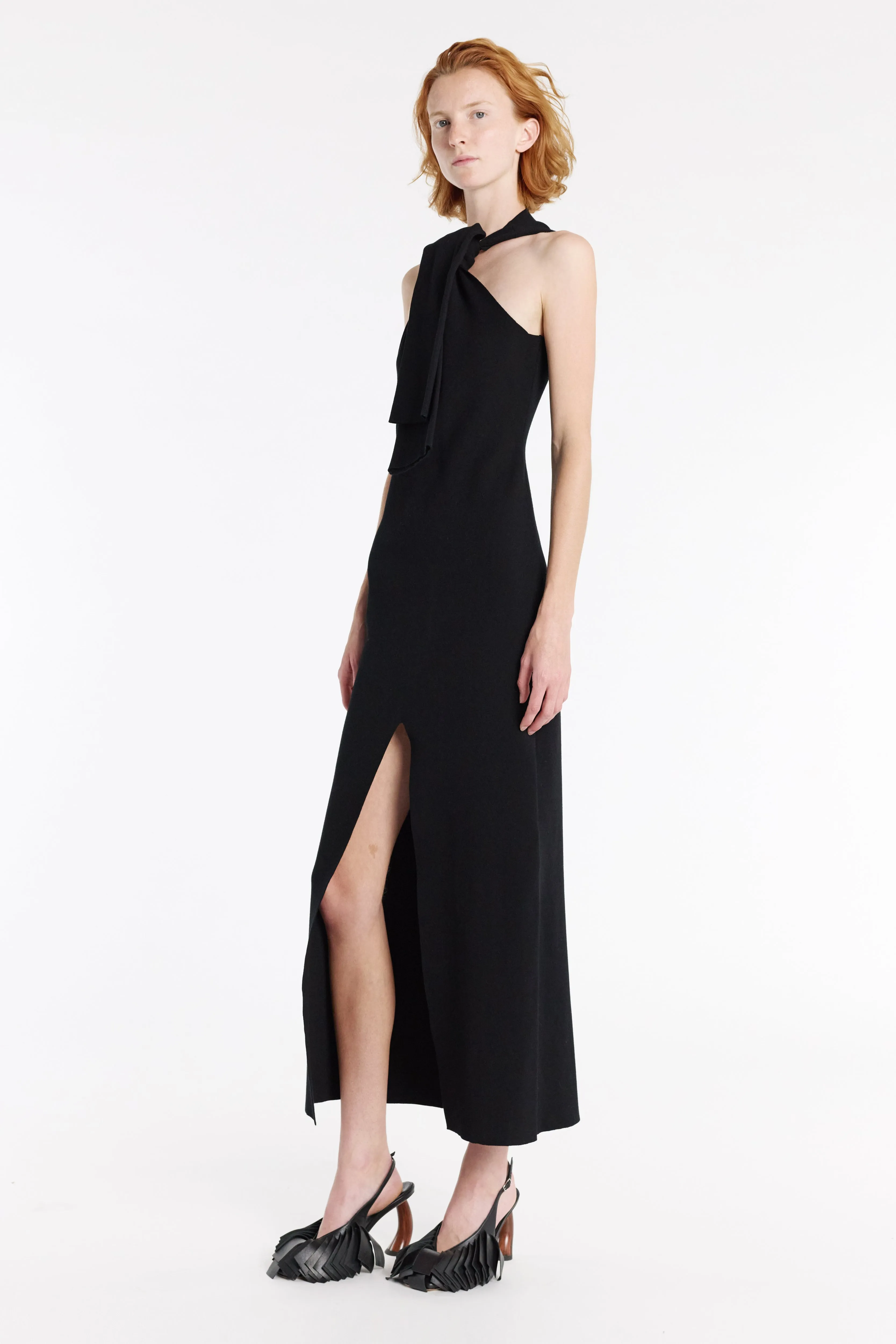 Knit Dress With Neck Tie Black Breathable Design