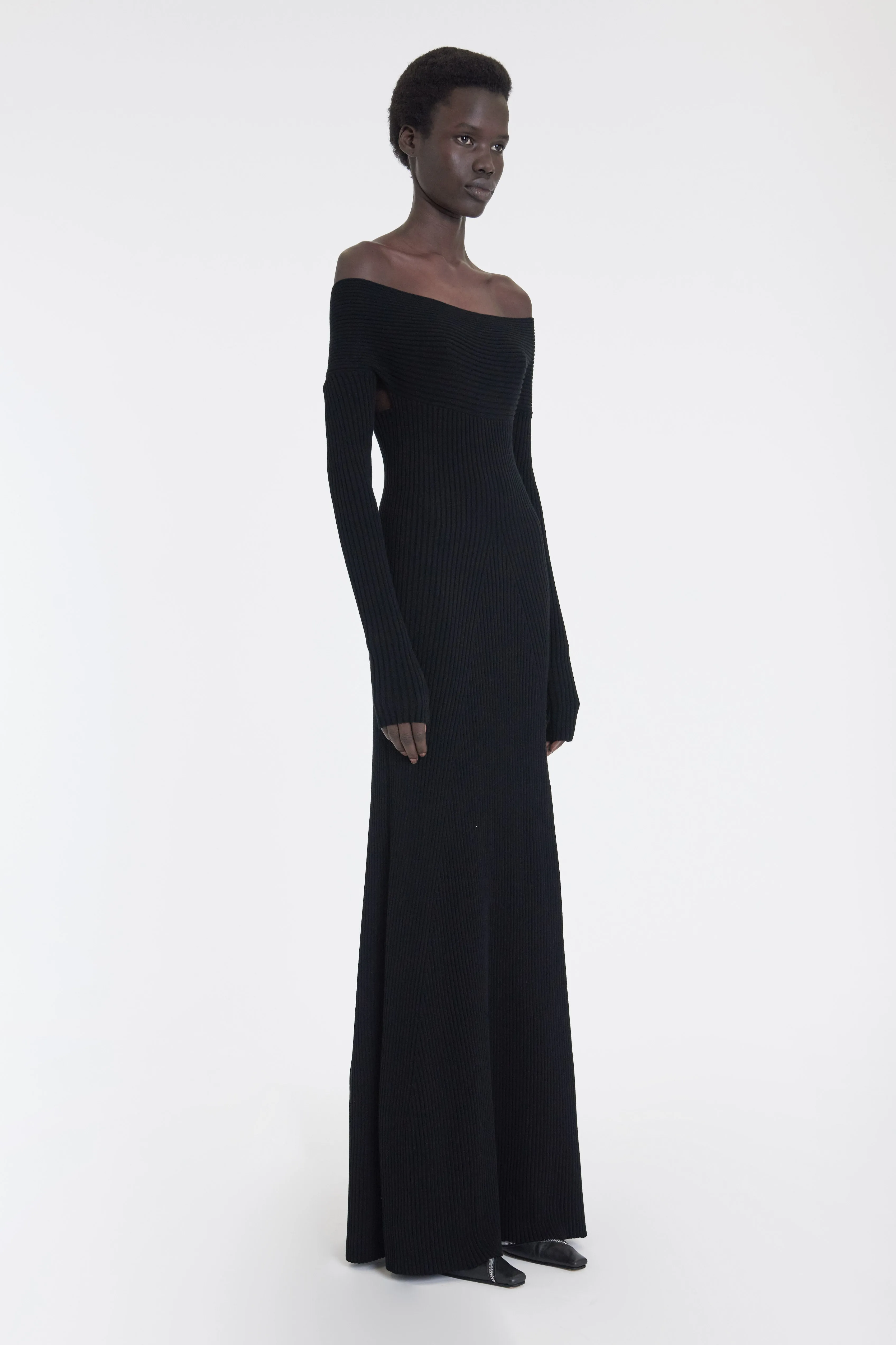 Knit Maxi Off Shoulder Dress Black Soft Composition Elastic-Cuff