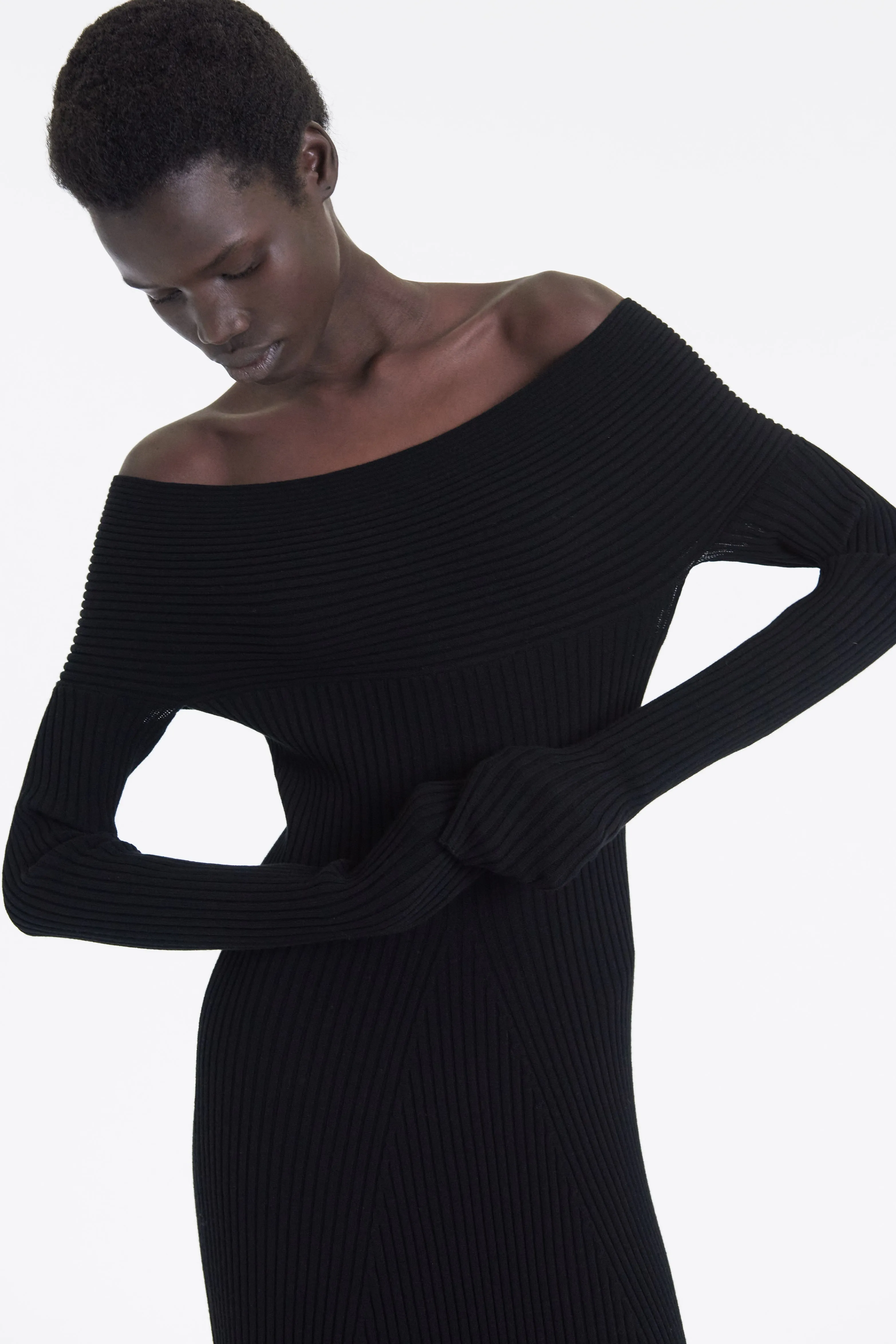 Smart Waist Design Knit Maxi Off Shoulder Dress Black