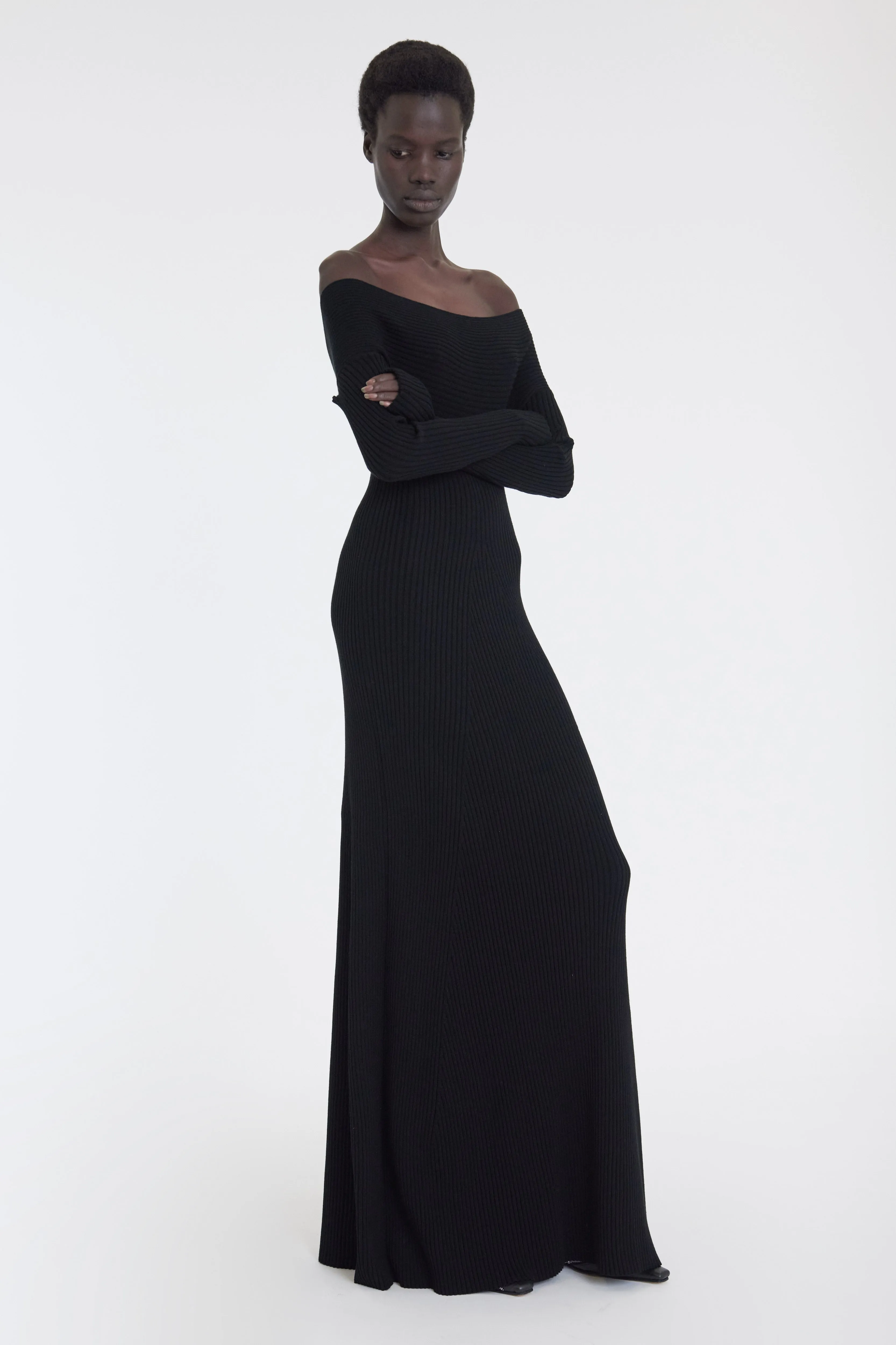 Knit Maxi Off Shoulder Dress Black Vibe Style
