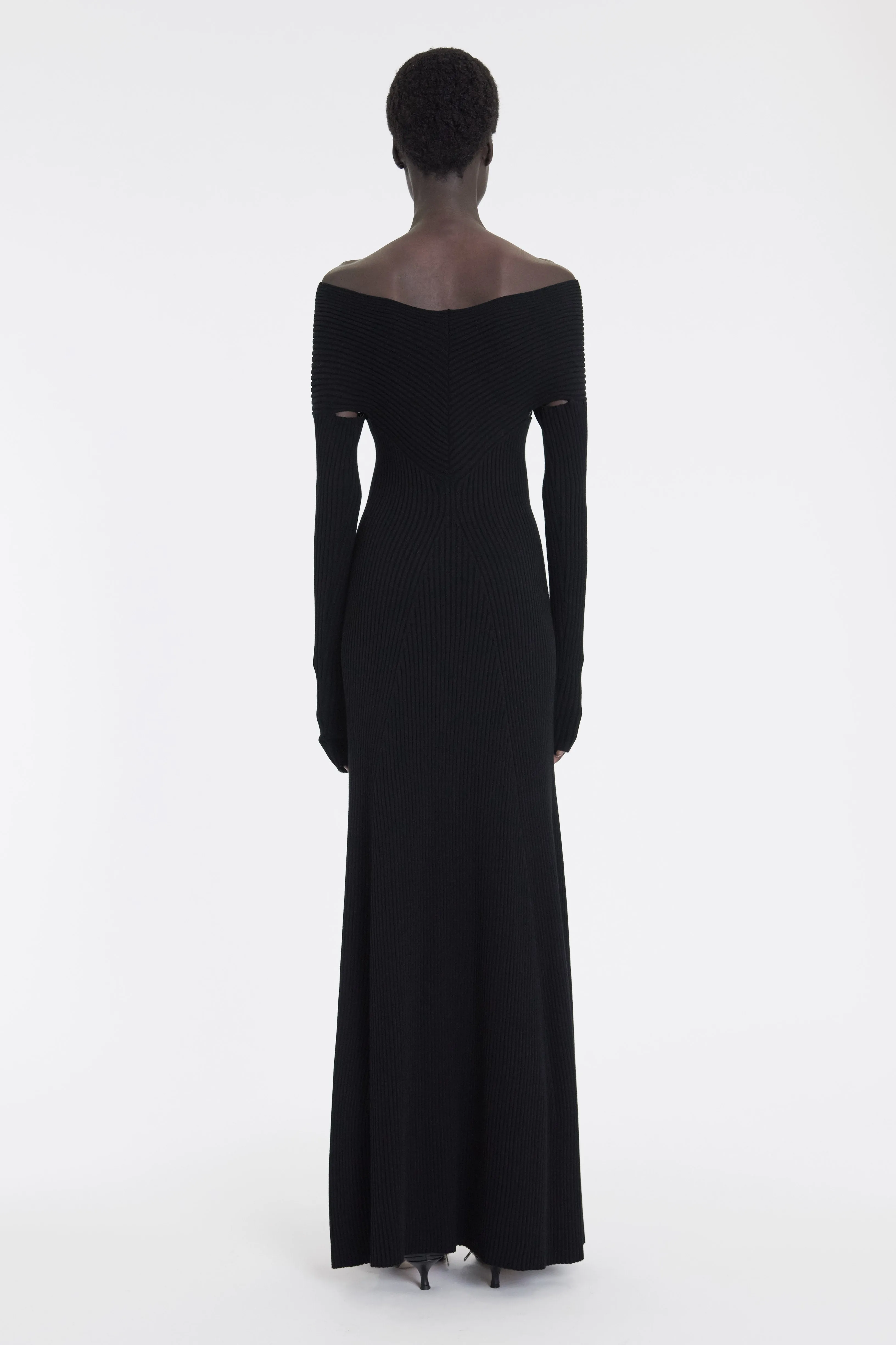 Knit Maxi Off Shoulder Dress Black Modern Waist Gentle Motion