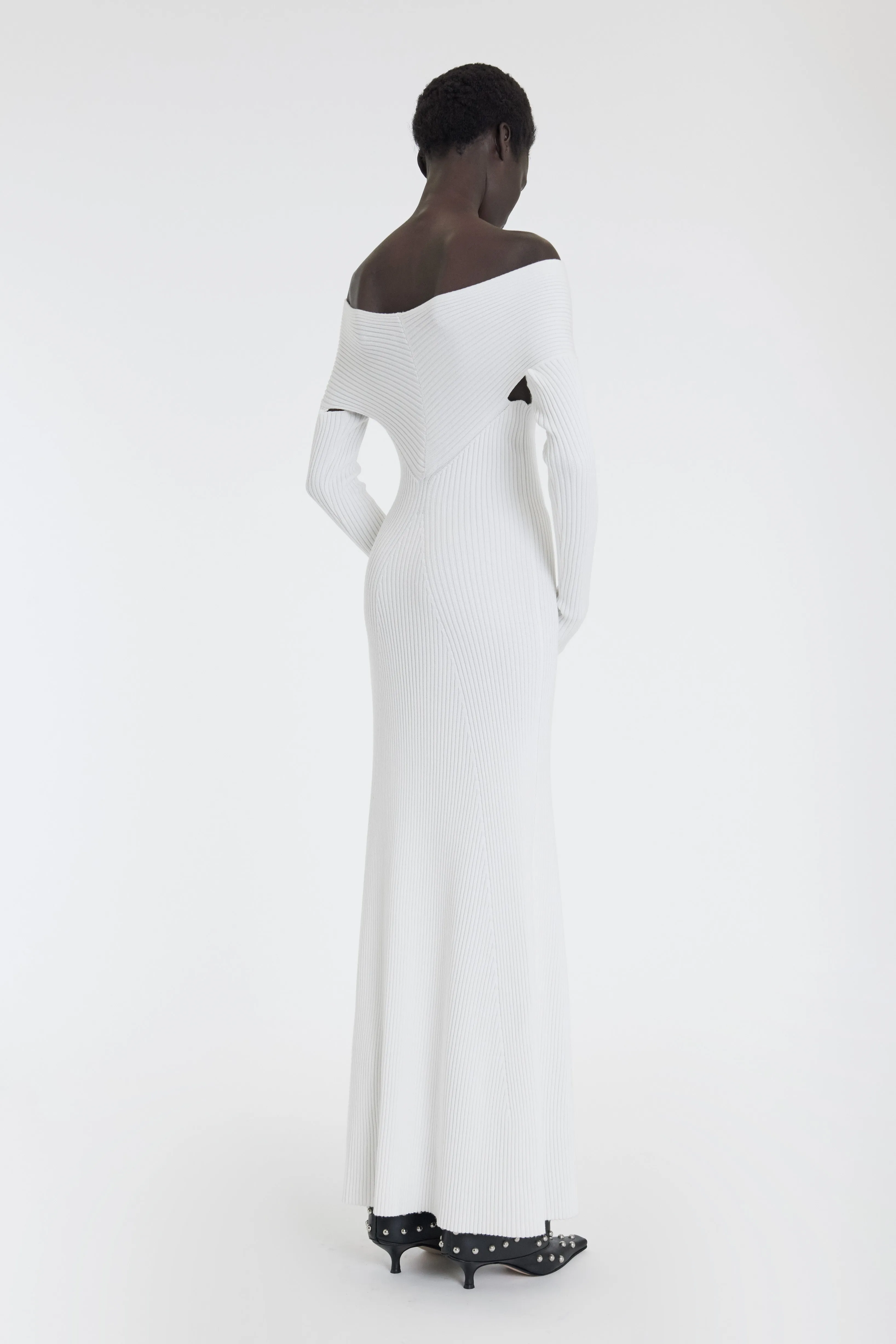 Contemporary Fit Knit Maxi Off Shoulder Dress Ivory