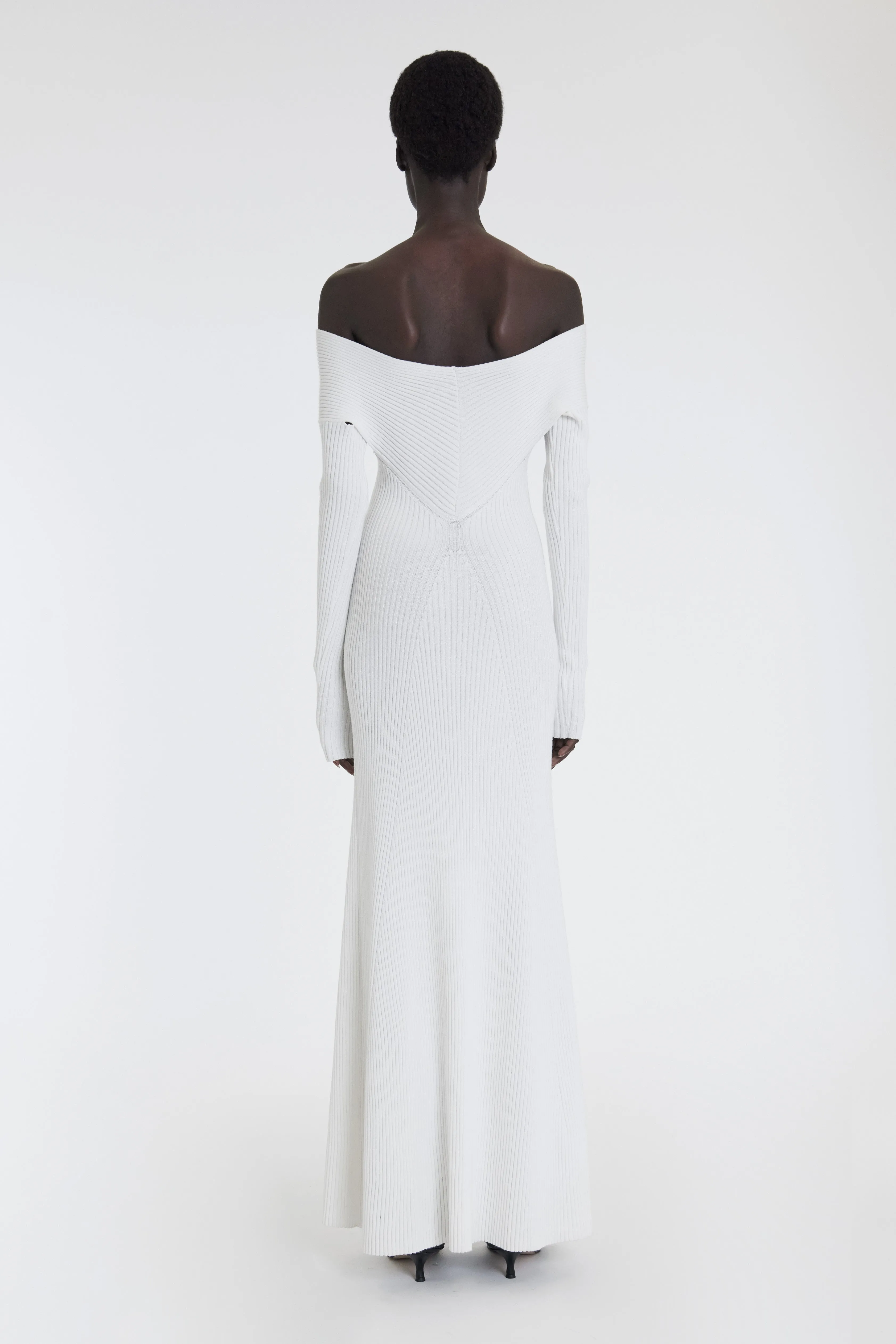Layered Design ruffle trim Knit Maxi Off Shoulder Dress Ivory