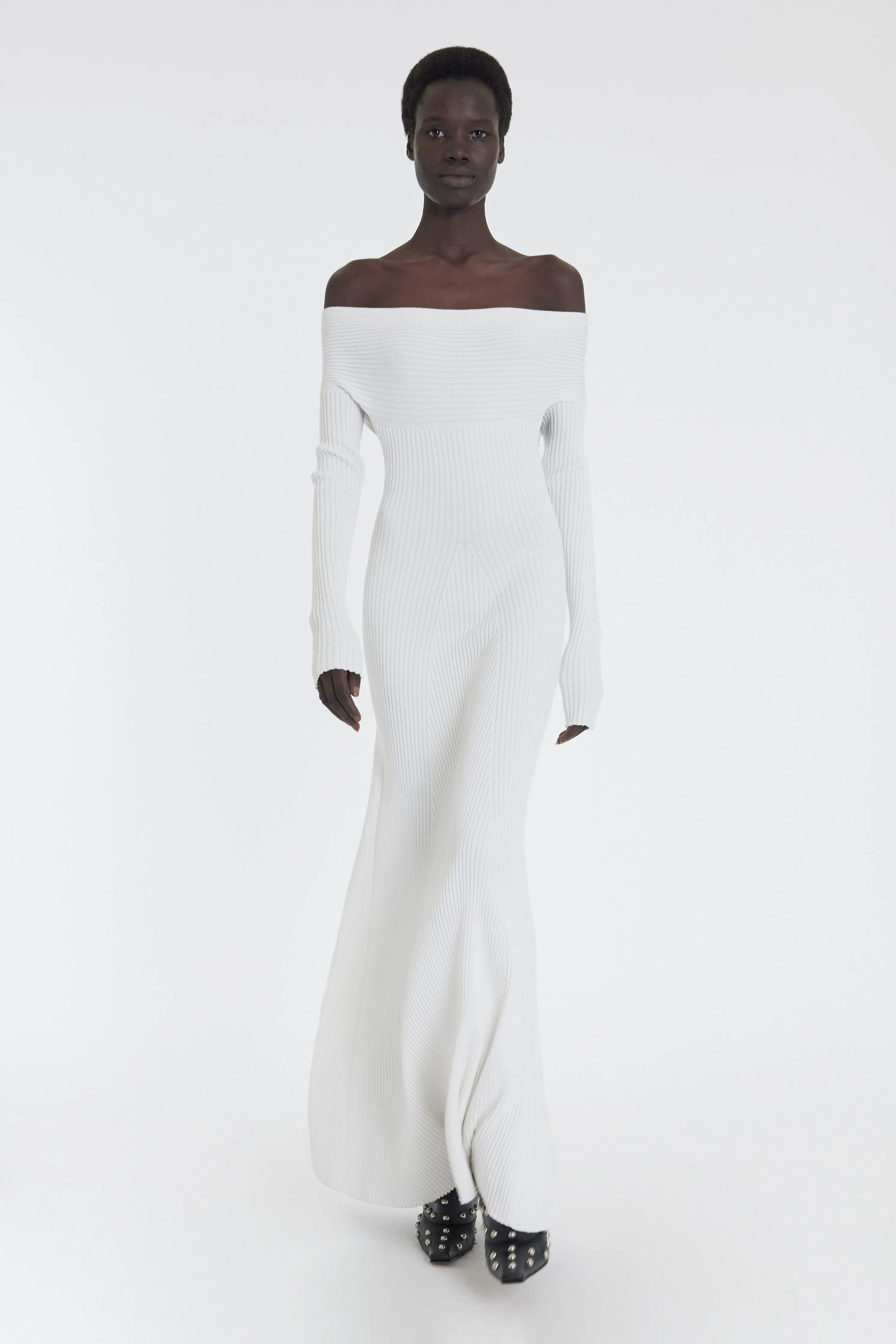 Cool Structure Elegant brunch outfit Knit Maxi Off Shoulder Dress Ivory