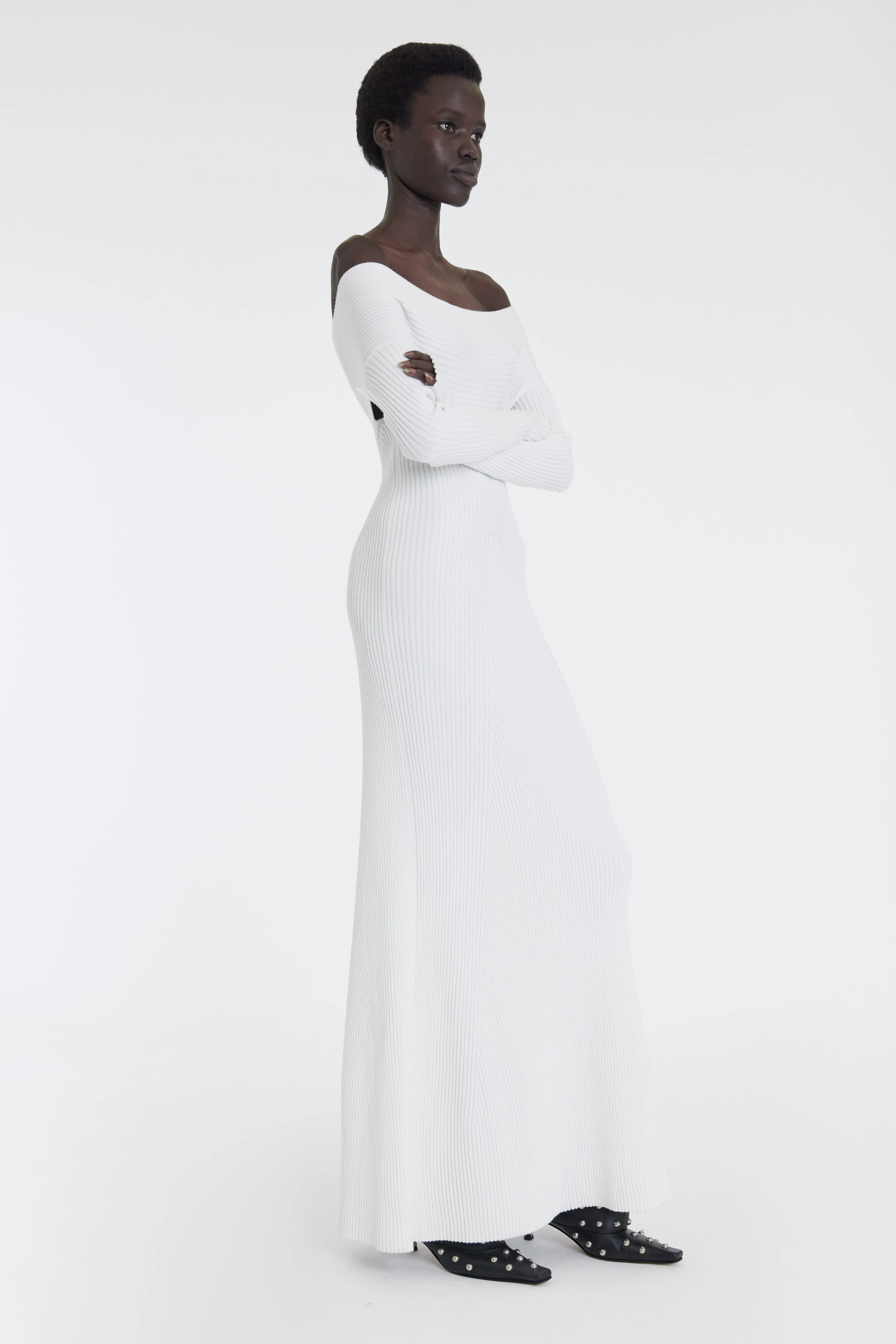 Smart Layer Wear Calm Fit Knit Maxi Off Shoulder Dress Ivory