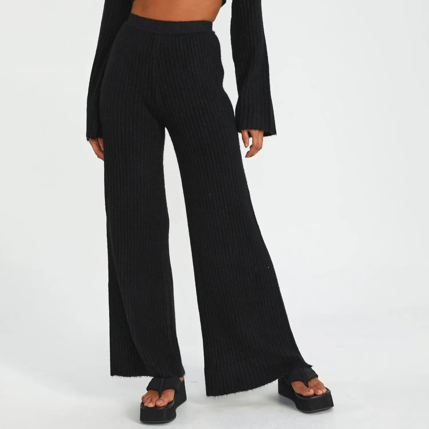Knit Pants for Women Elastic Waist Wide Leg Ribbed Lounge Pants Casual Baggy Palazzo Pants Cable knit Sweater Pants