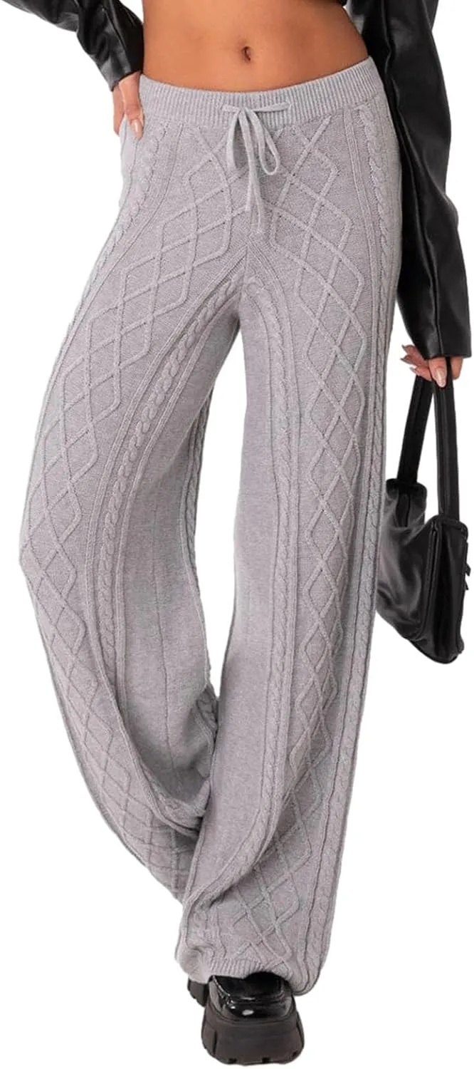 Knit Pants for Women Elastic Waist Wide Leg Ribbed Lounge Pants Casual Baggy Palazzo Pants Cable knit Sweater Pants