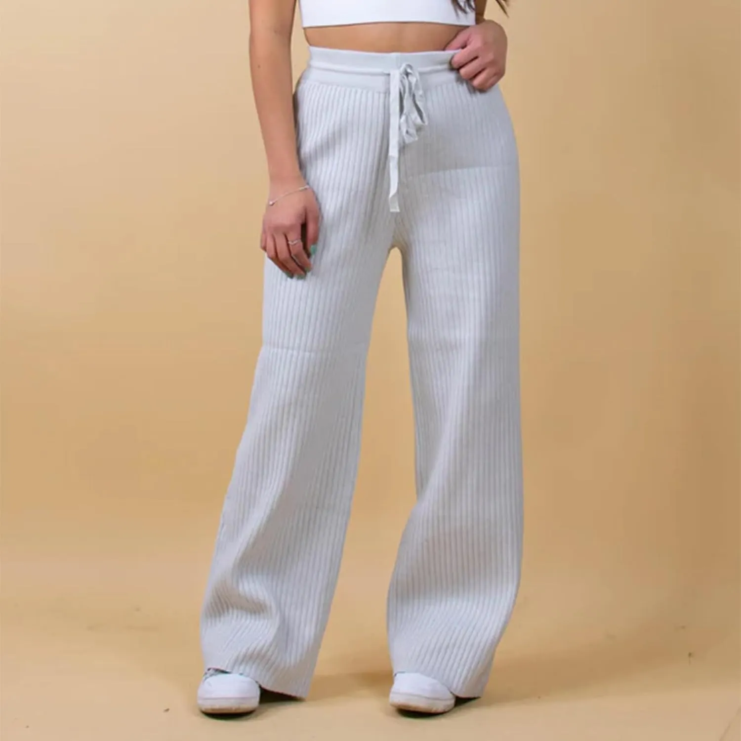 Knit Pants for Women Elastic Waist Wide Leg Ribbed Lounge Pants Casual Baggy Palazzo Pants Cable knit Sweater Pants