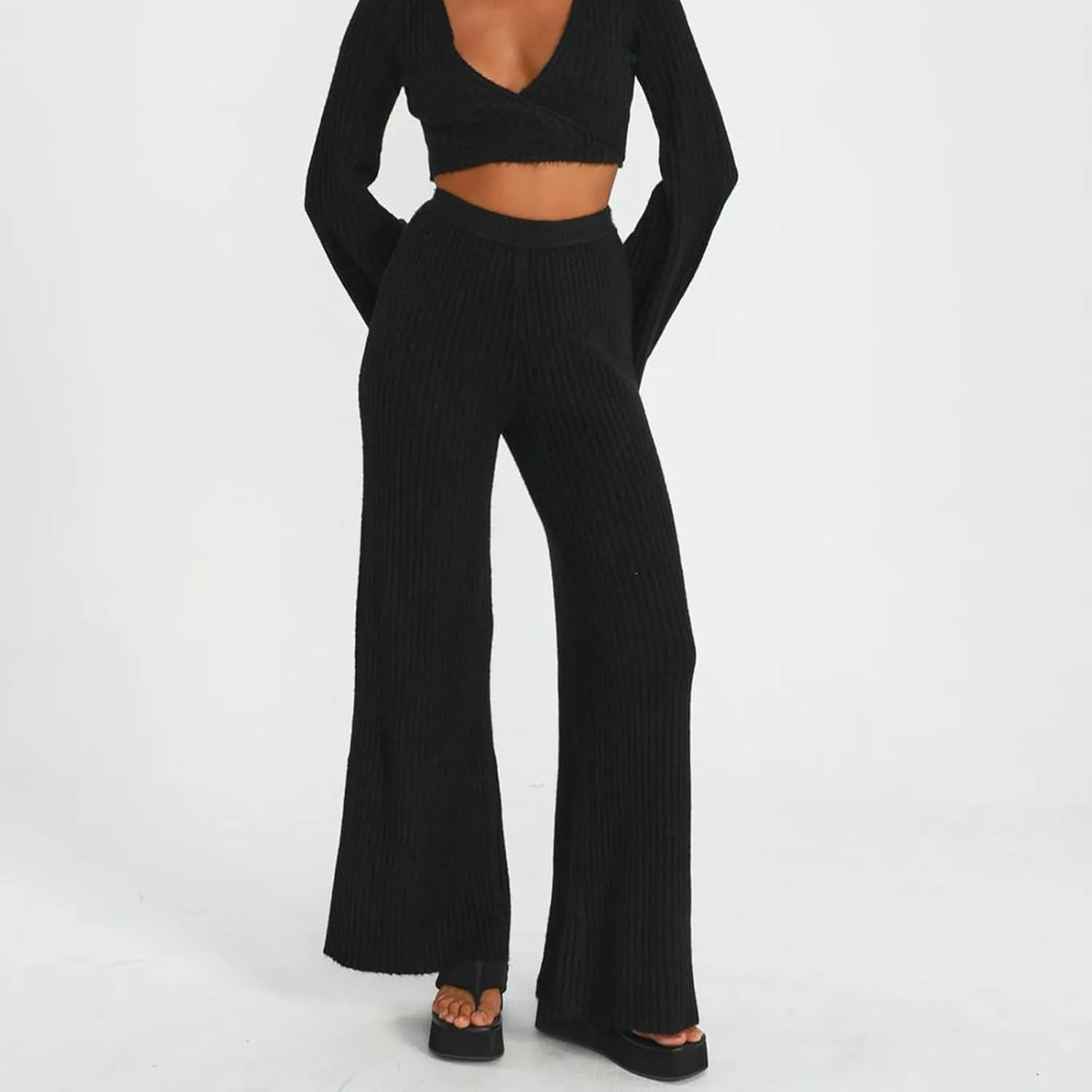 Knit Pants for Women Elastic Waist Wide Leg Ribbed Lounge Pants Casual Baggy Palazzo Pants Cable knit Sweater Pants
