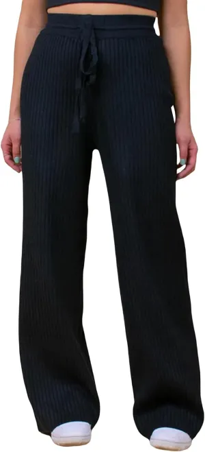 Knit Pants for Women Elastic Waist Wide Leg Ribbed Lounge Pants Casual Baggy Palazzo Pants Cable knit Sweater Pants