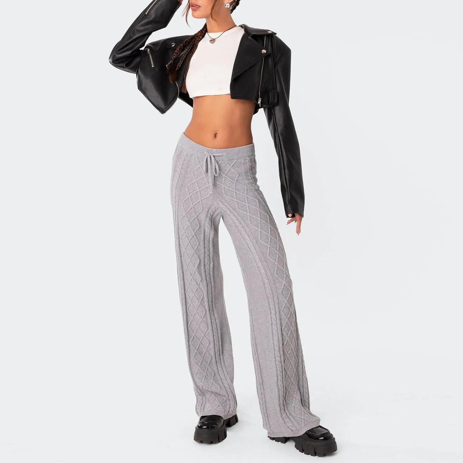 Knit Pants for Women Elastic Waist Wide Leg Ribbed Lounge Pants Casual Baggy Palazzo Pants Cable knit Sweater Pants