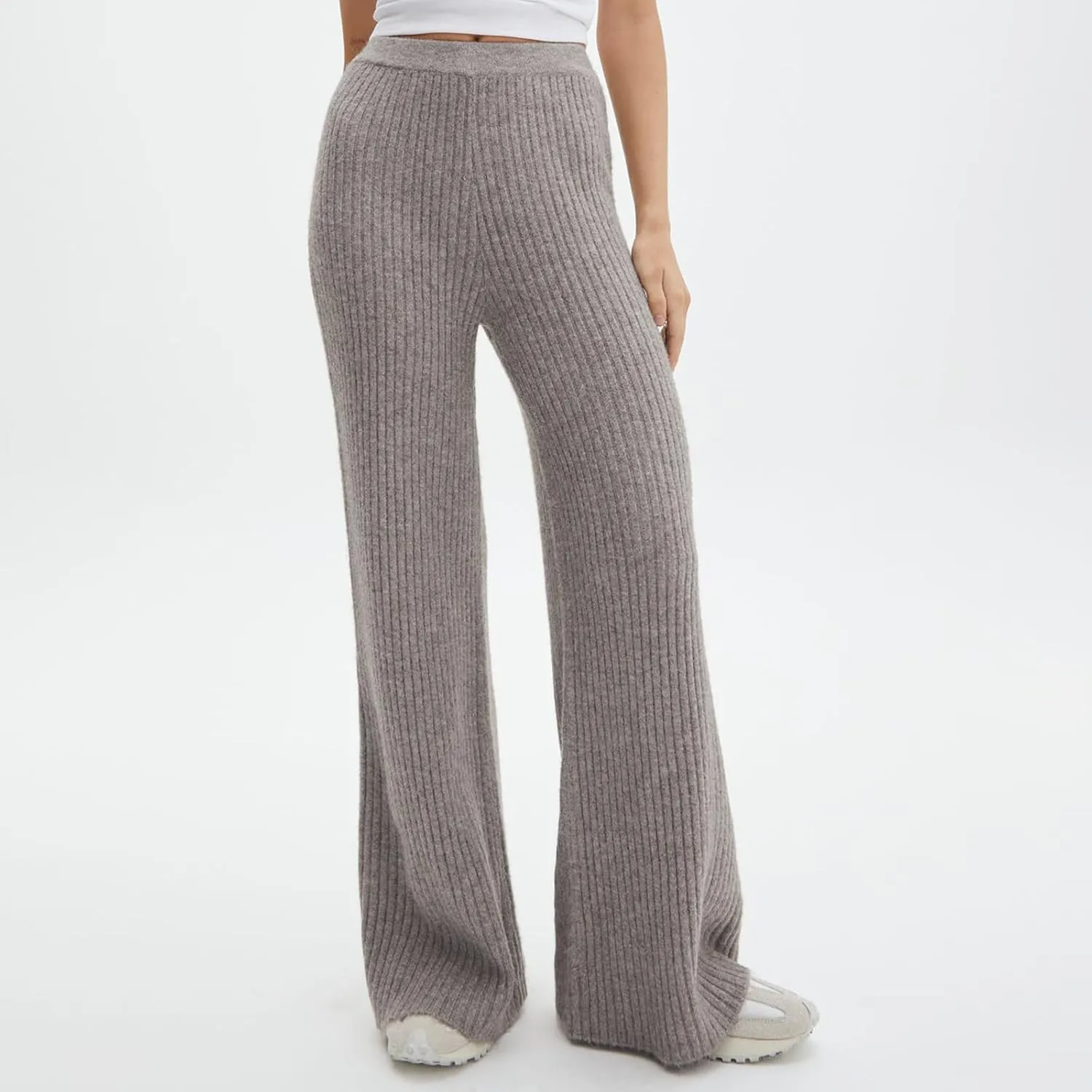 Knit Pants for Women Elastic Waist Wide Leg Ribbed Lounge Pants Casual Baggy Palazzo Pants Cable knit Sweater Pants