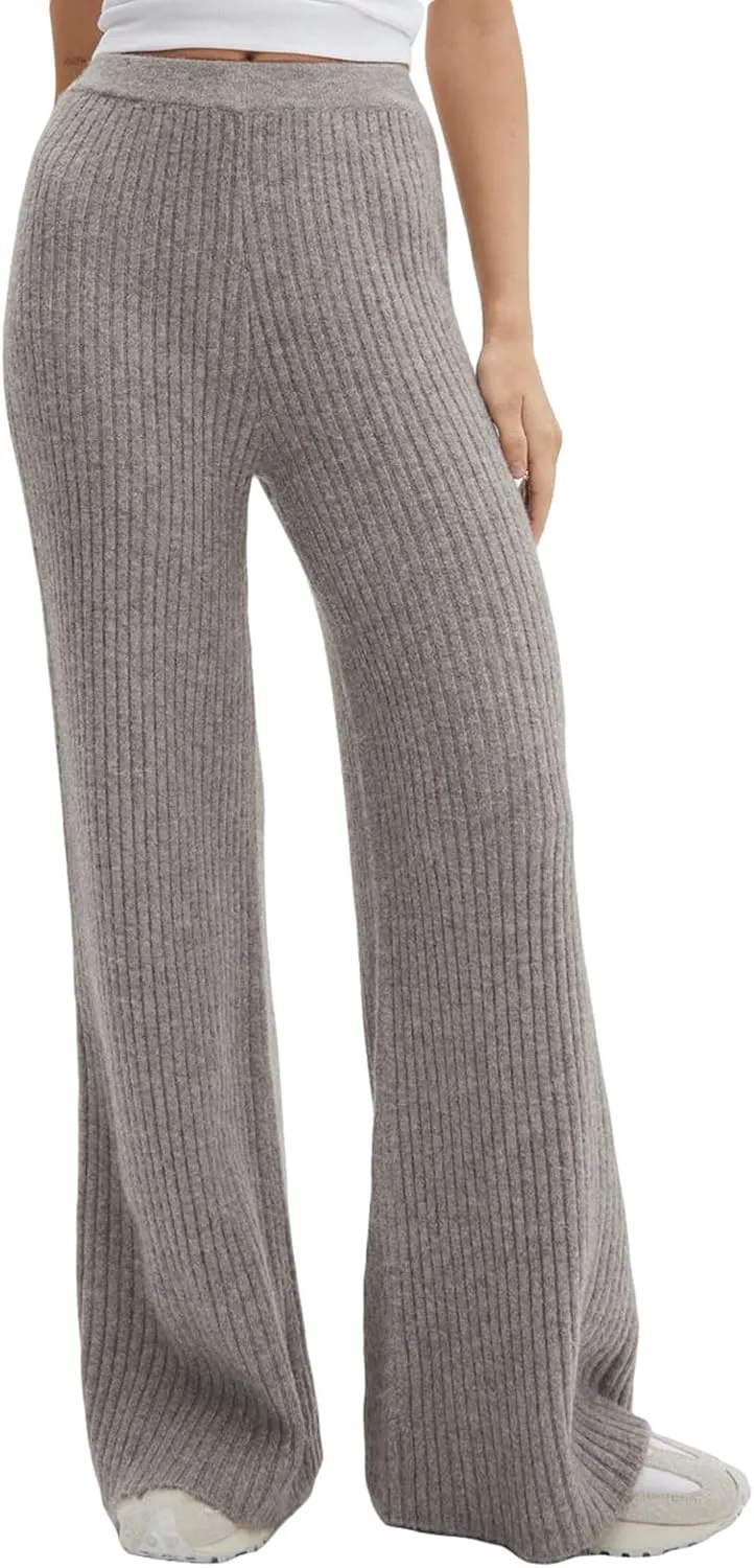 Knit Pants for Women Elastic Waist Wide Leg Ribbed Lounge Pants Casual Baggy Palazzo Pants Cable knit Sweater Pants