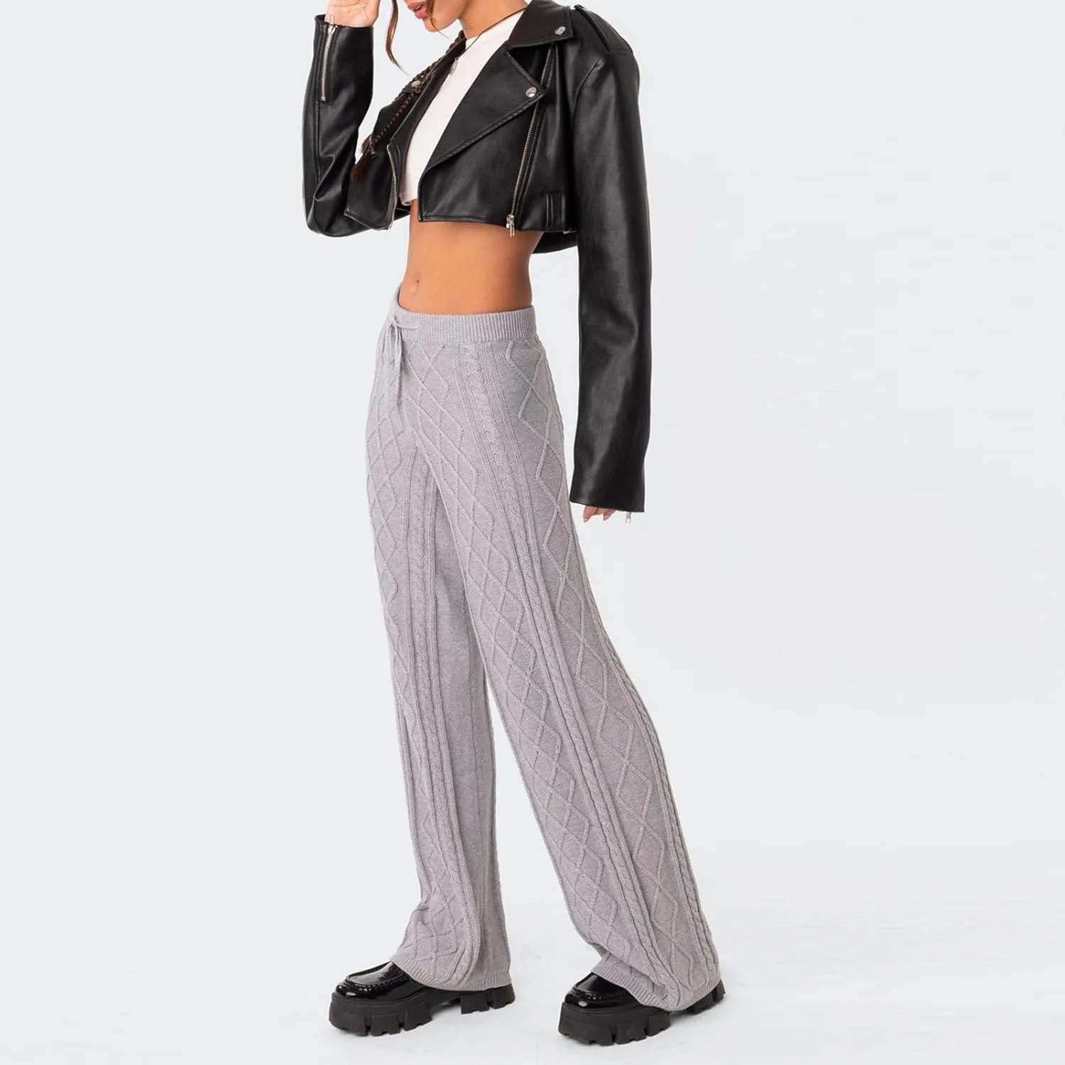 Knit Pants for Women Elastic Waist Wide Leg Ribbed Lounge Pants Casual Baggy Palazzo Pants Cable knit Sweater Pants