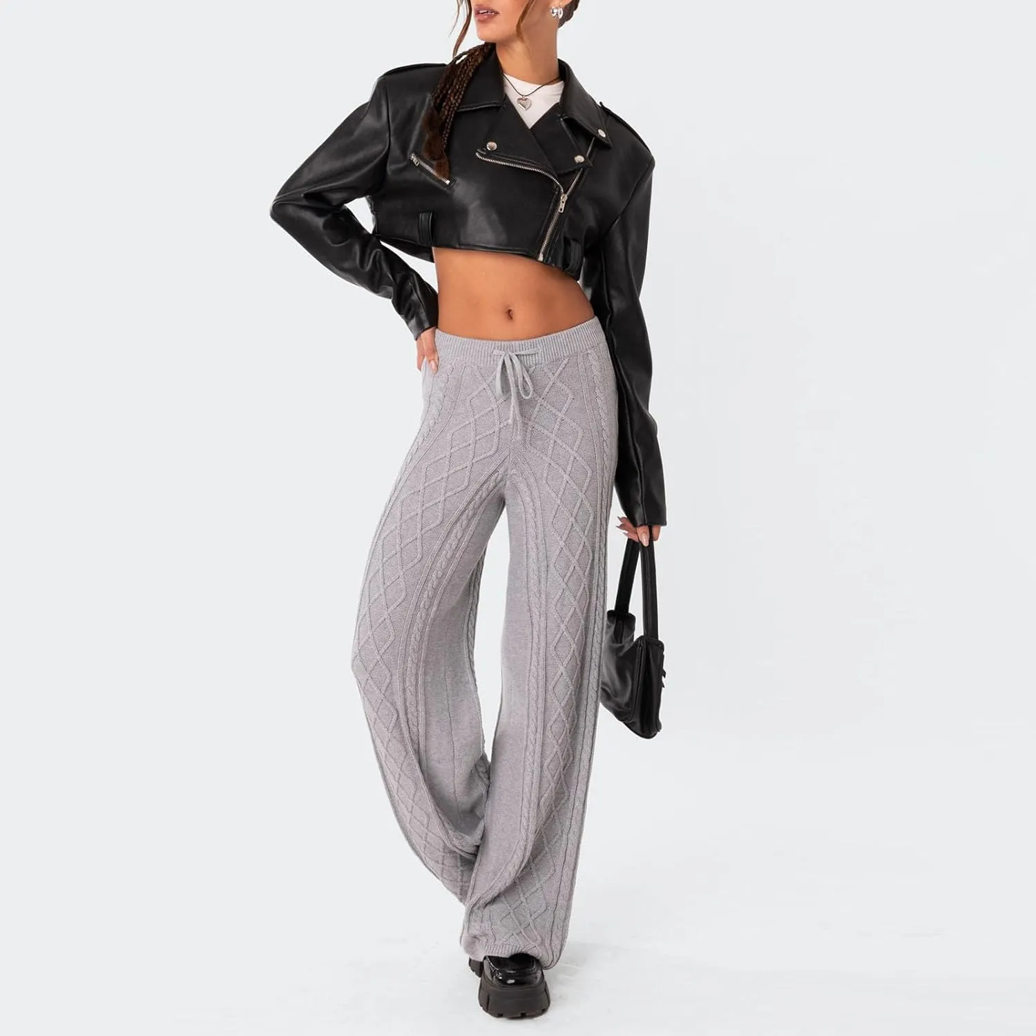 Knit Pants for Women Elastic Waist Wide Leg Ribbed Lounge Pants Casual Baggy Palazzo Pants Cable knit Sweater Pants