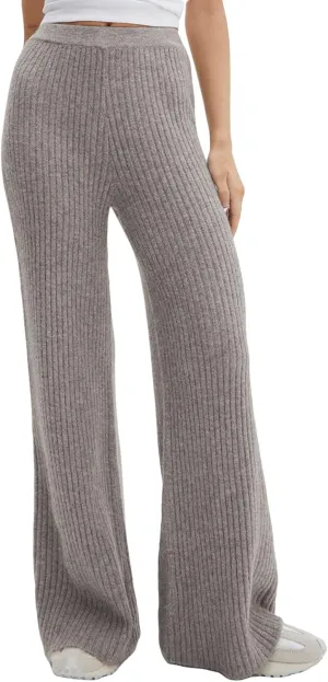 Knit Pants for Women Elastic Waist Wide Leg Ribbed Lounge Pants Casual Baggy Palazzo Pants Cable knit Sweater Pants