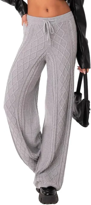 Knit Pants for Women Elastic Waist Wide Leg Ribbed Lounge Pants Casual Baggy Palazzo Pants Cable knit Sweater Pants
