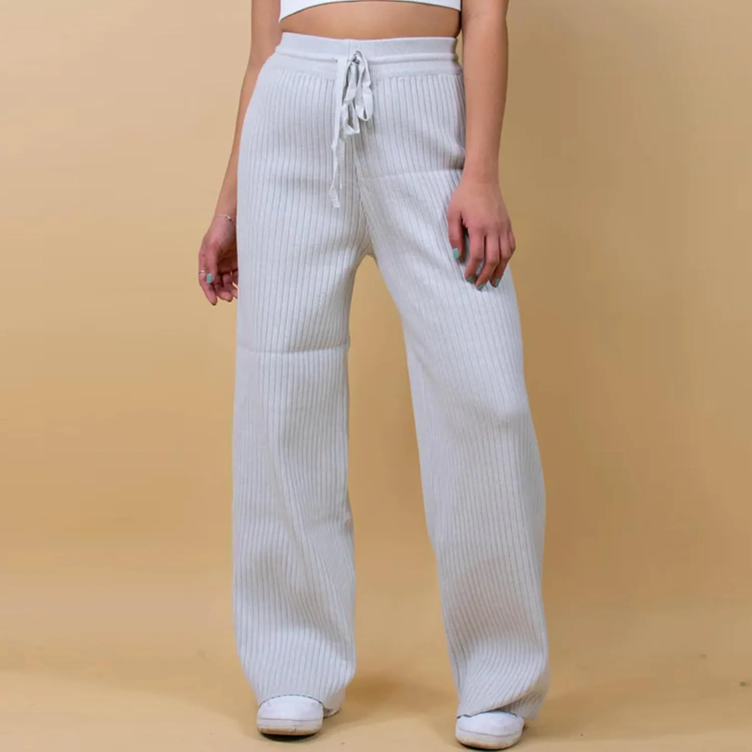 Knit Pants for Women Elastic Waist Wide Leg Ribbed Lounge Pants Casual Baggy Palazzo Pants Cable knit Sweater Pants