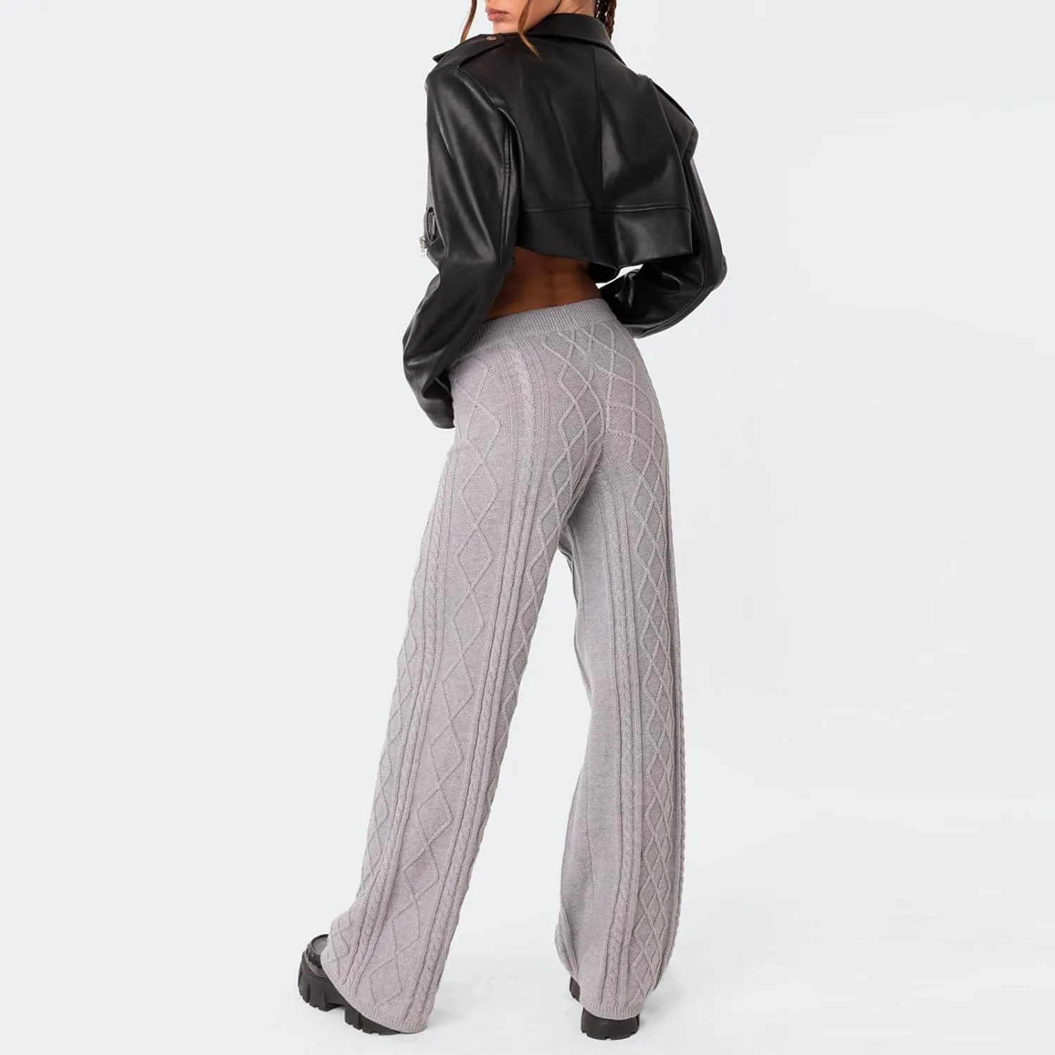 Knit Pants for Women Elastic Waist Wide Leg Ribbed Lounge Pants Casual Baggy Palazzo Pants Cable knit Sweater Pants