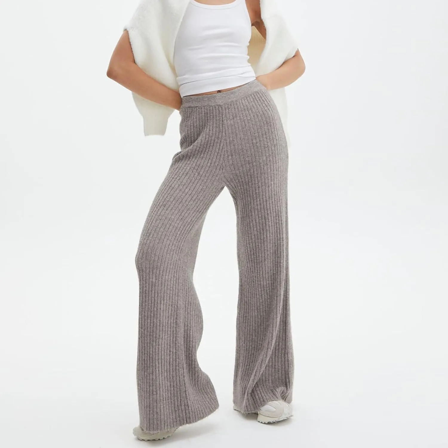 Knit Pants for Women Elastic Waist Wide Leg Ribbed Lounge Pants Casual Baggy Palazzo Pants Cable knit Sweater Pants