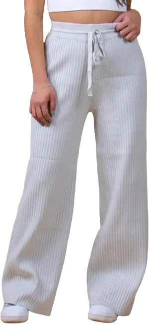 Knit Pants for Women Elastic Waist Wide Leg Ribbed Lounge Pants Casual Baggy Palazzo Pants Cable knit Sweater Pants