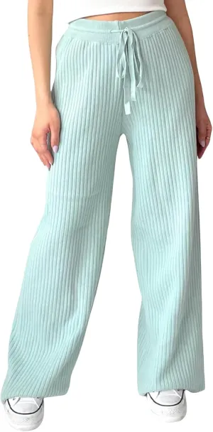 Knit Pants for Women Elastic Waist Wide Leg Ribbed Lounge Pants Casual Baggy Palazzo Pants Cable knit Sweater Pants