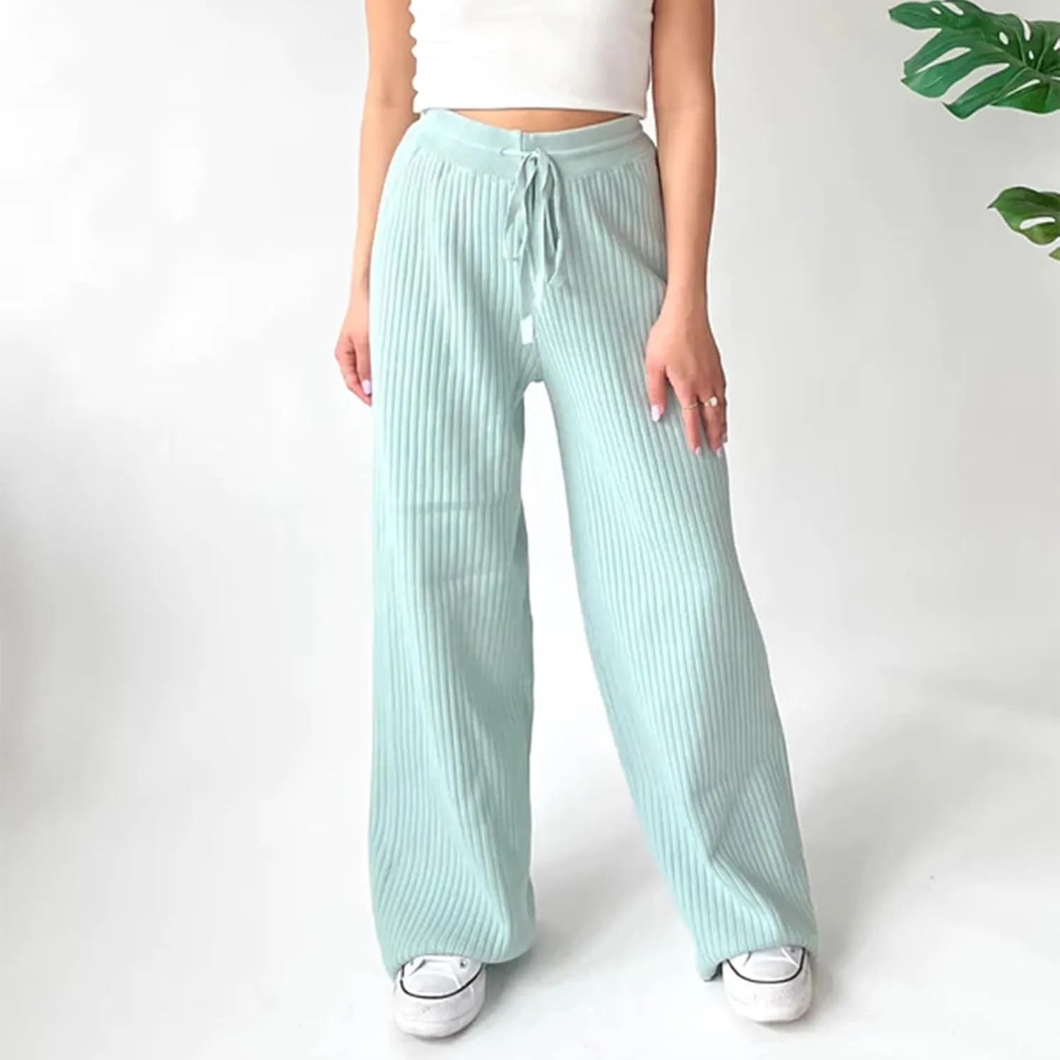 Knit Pants for Women Elastic Waist Wide Leg Ribbed Lounge Pants Casual Baggy Palazzo Pants Cable knit Sweater Pants