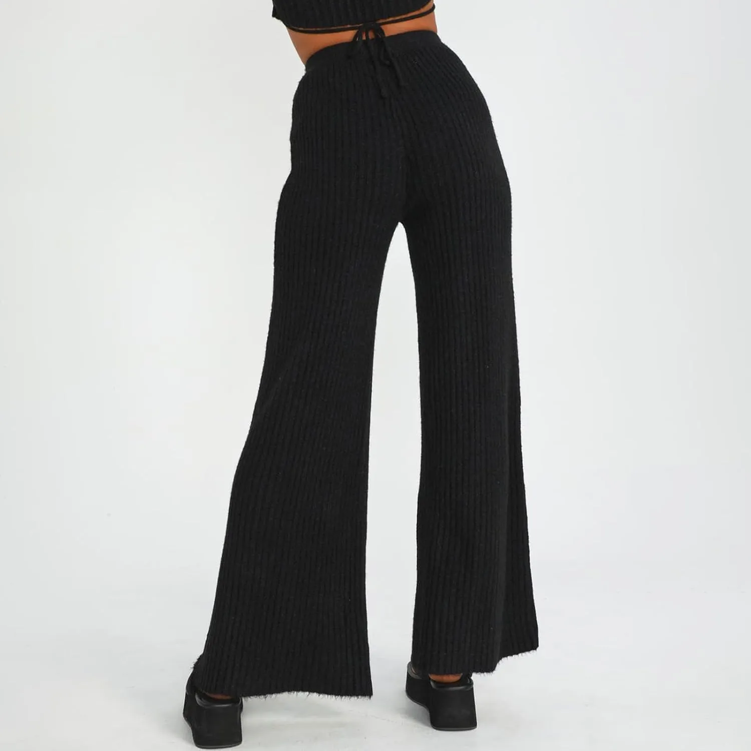 Knit Pants for Women Elastic Waist Wide Leg Ribbed Lounge Pants Casual Baggy Palazzo Pants Cable knit Sweater Pants