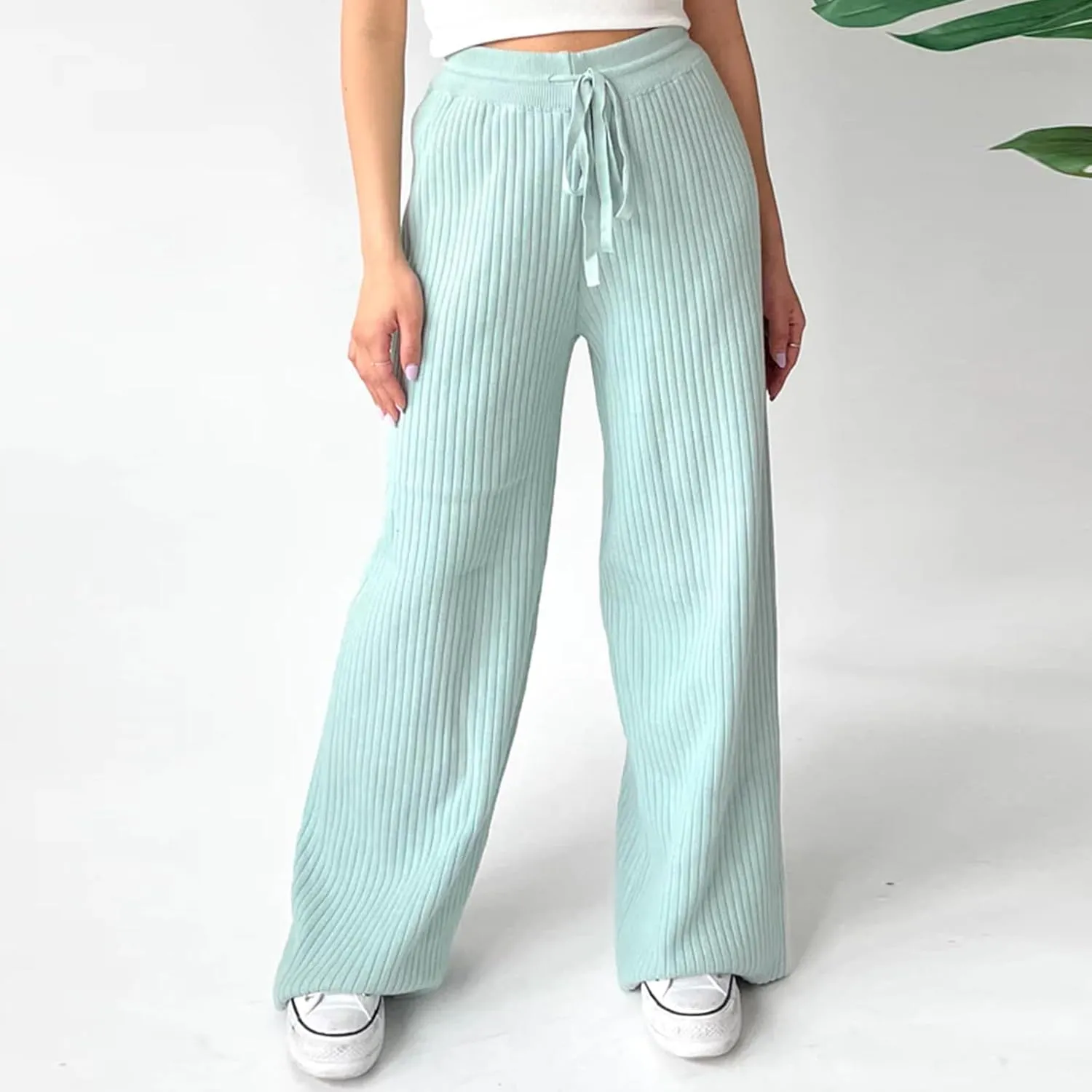 Knit Pants for Women Elastic Waist Wide Leg Ribbed Lounge Pants Casual Baggy Palazzo Pants Cable knit Sweater Pants