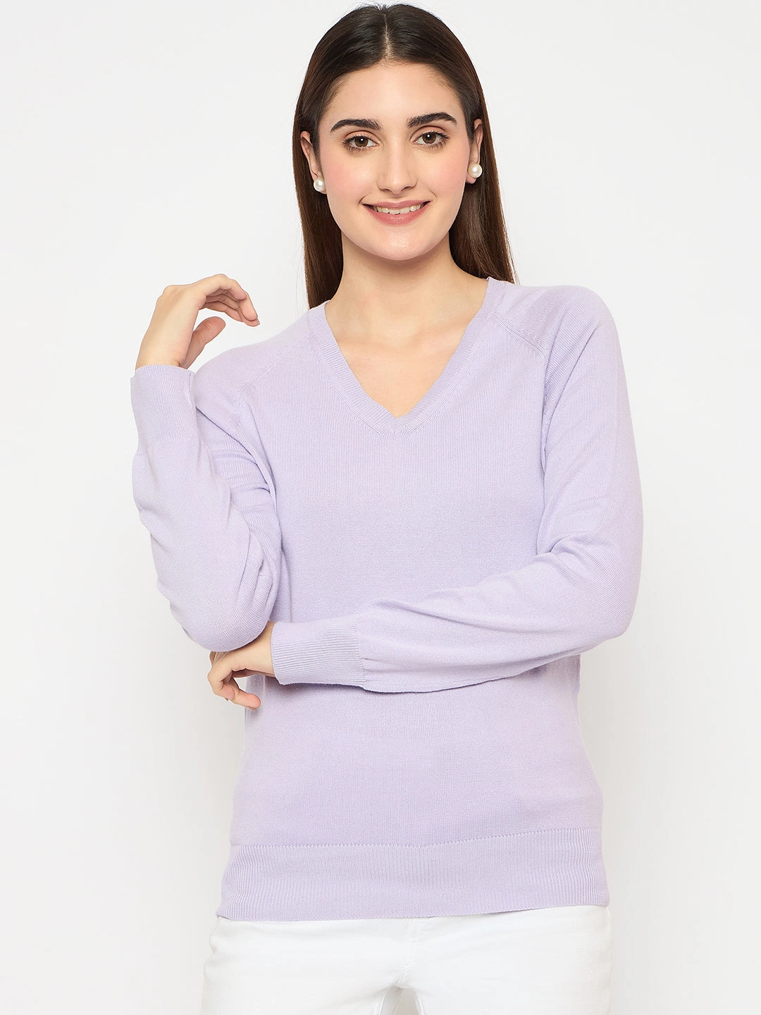 Madame V Neck Skinny Fit Mauve Sweater Reinforced Edging