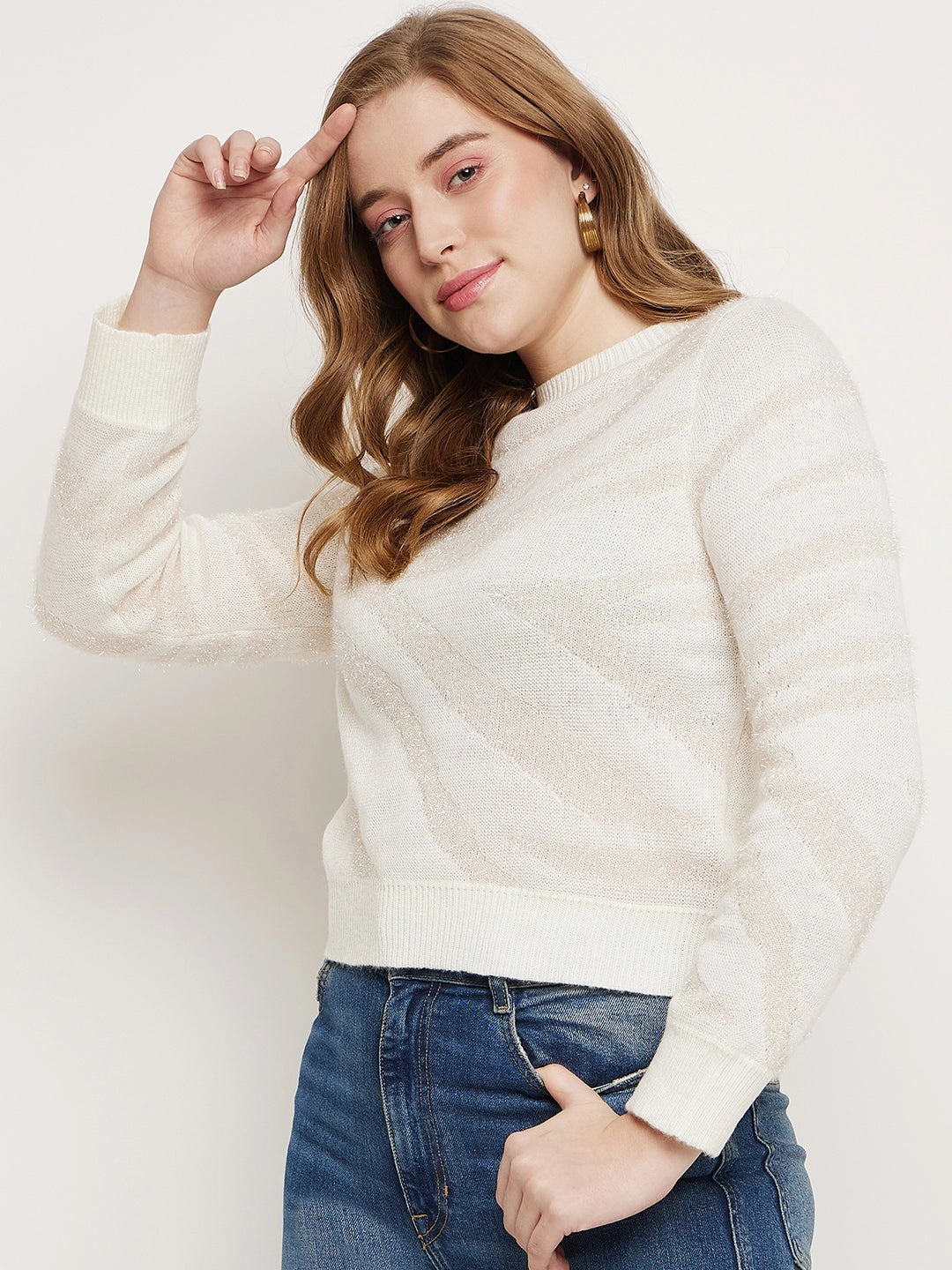 Madame White Crew Neck Sweater Active Wear Knitted Design