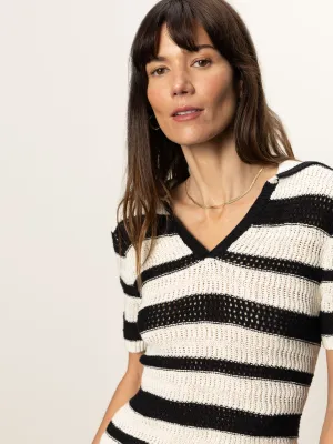 RibbedNeckBanding Knitted Collared Top Black Chalk