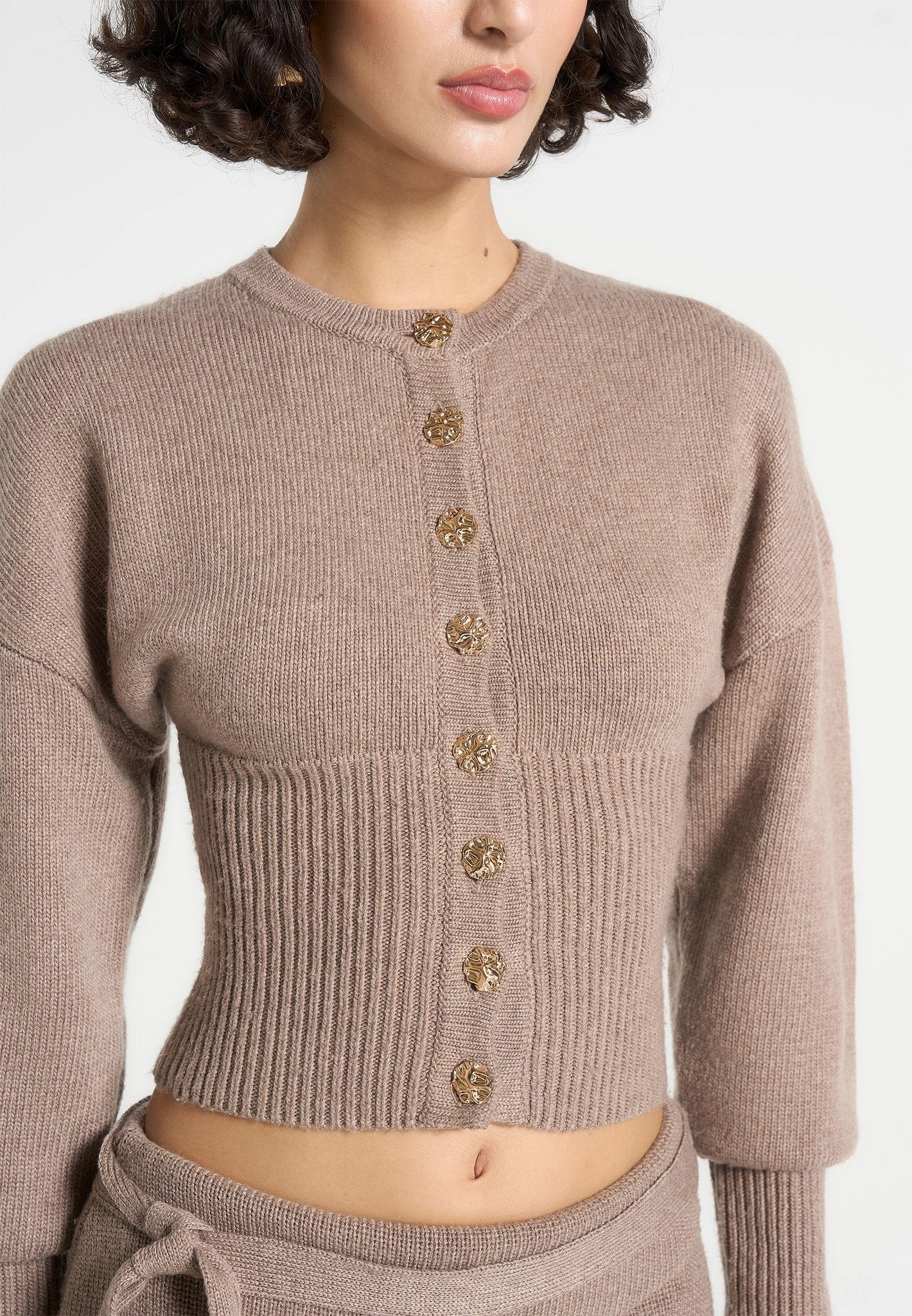 ShrinkResistant Weave Knitted Cinch Waist Cardigan - Taupe