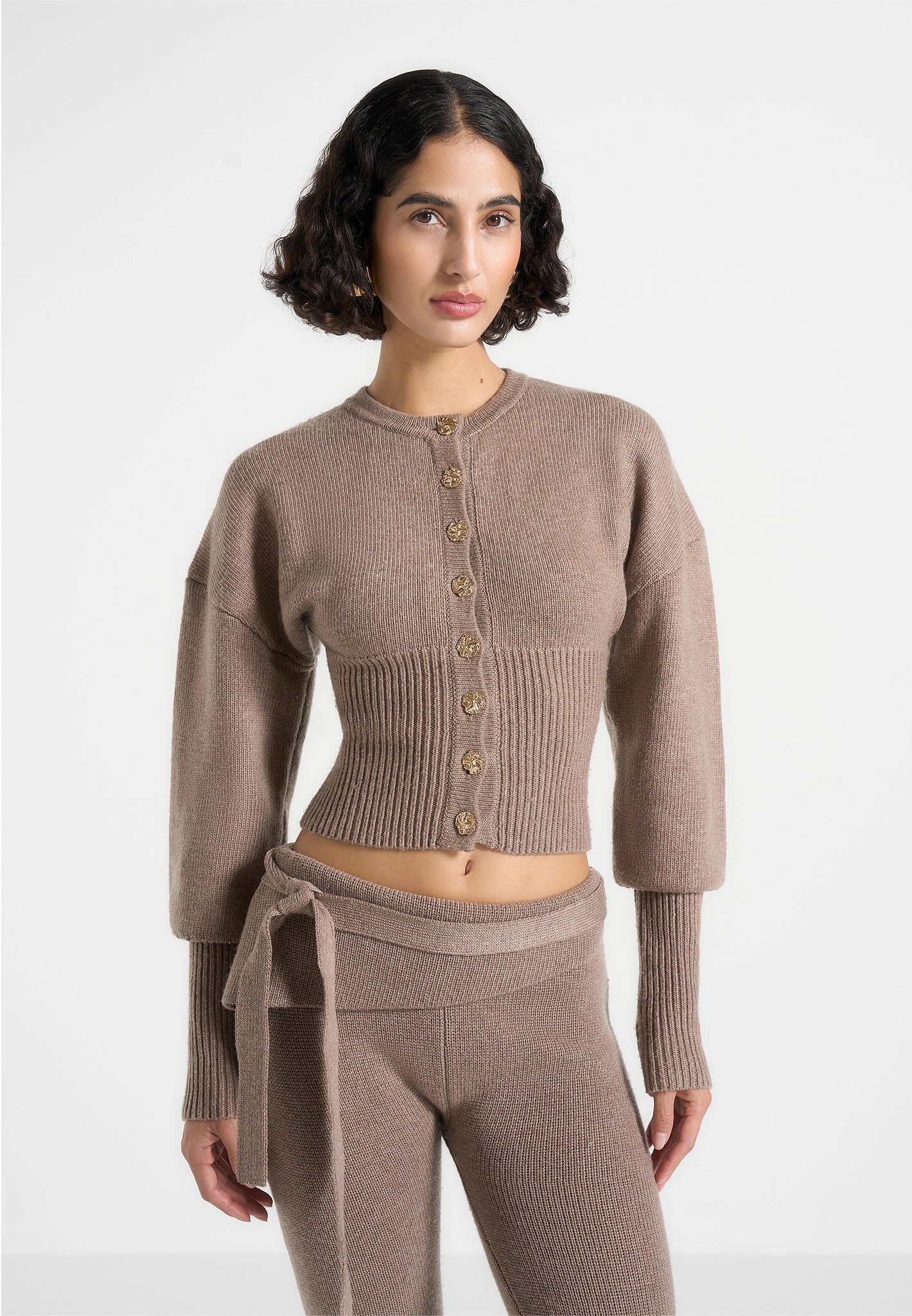 WrinkleResistant Knitted Cinch Waist Cardigan - Taupe