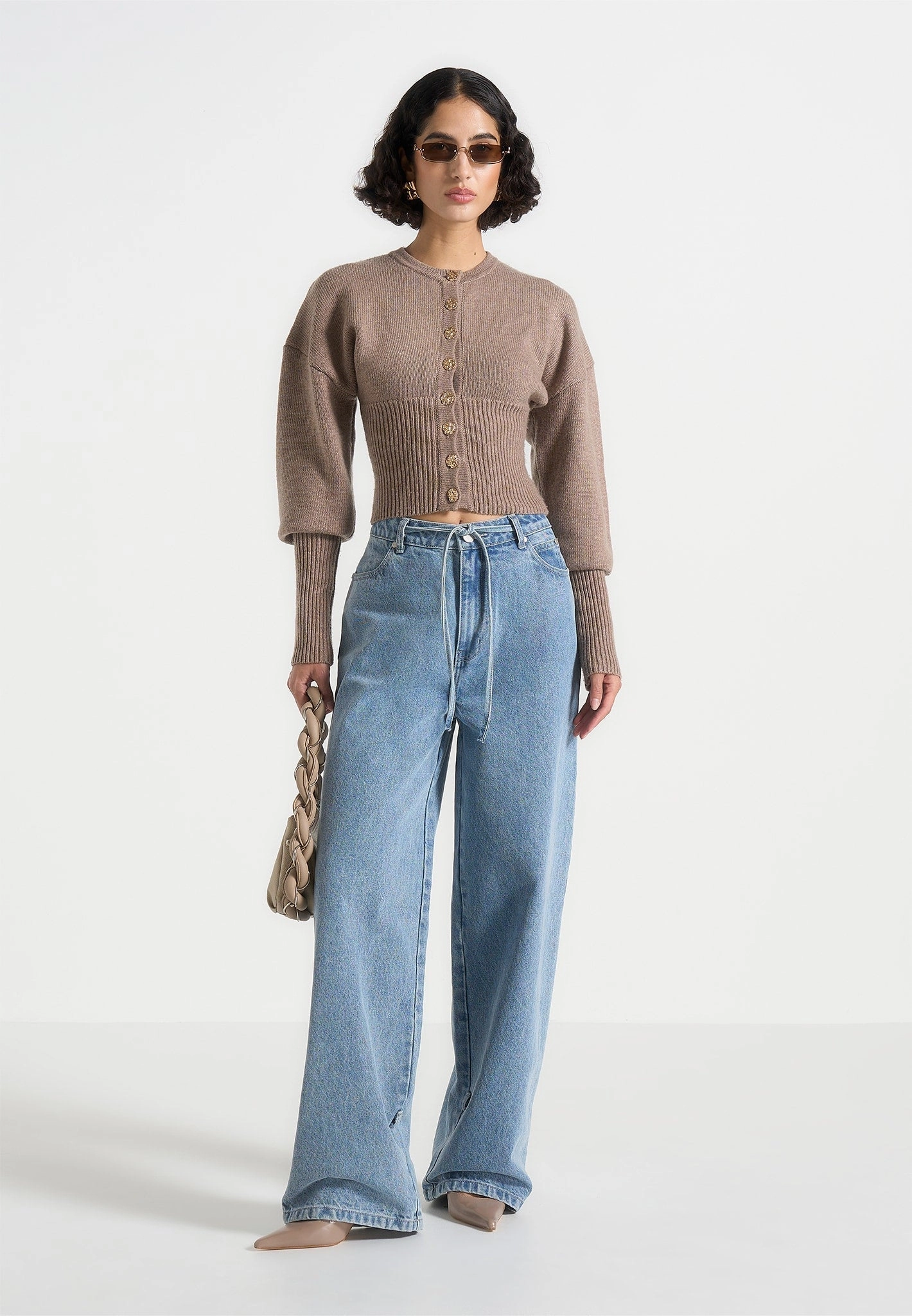 Knitted Cinch Waist Cardigan - Taupe Warm Touch