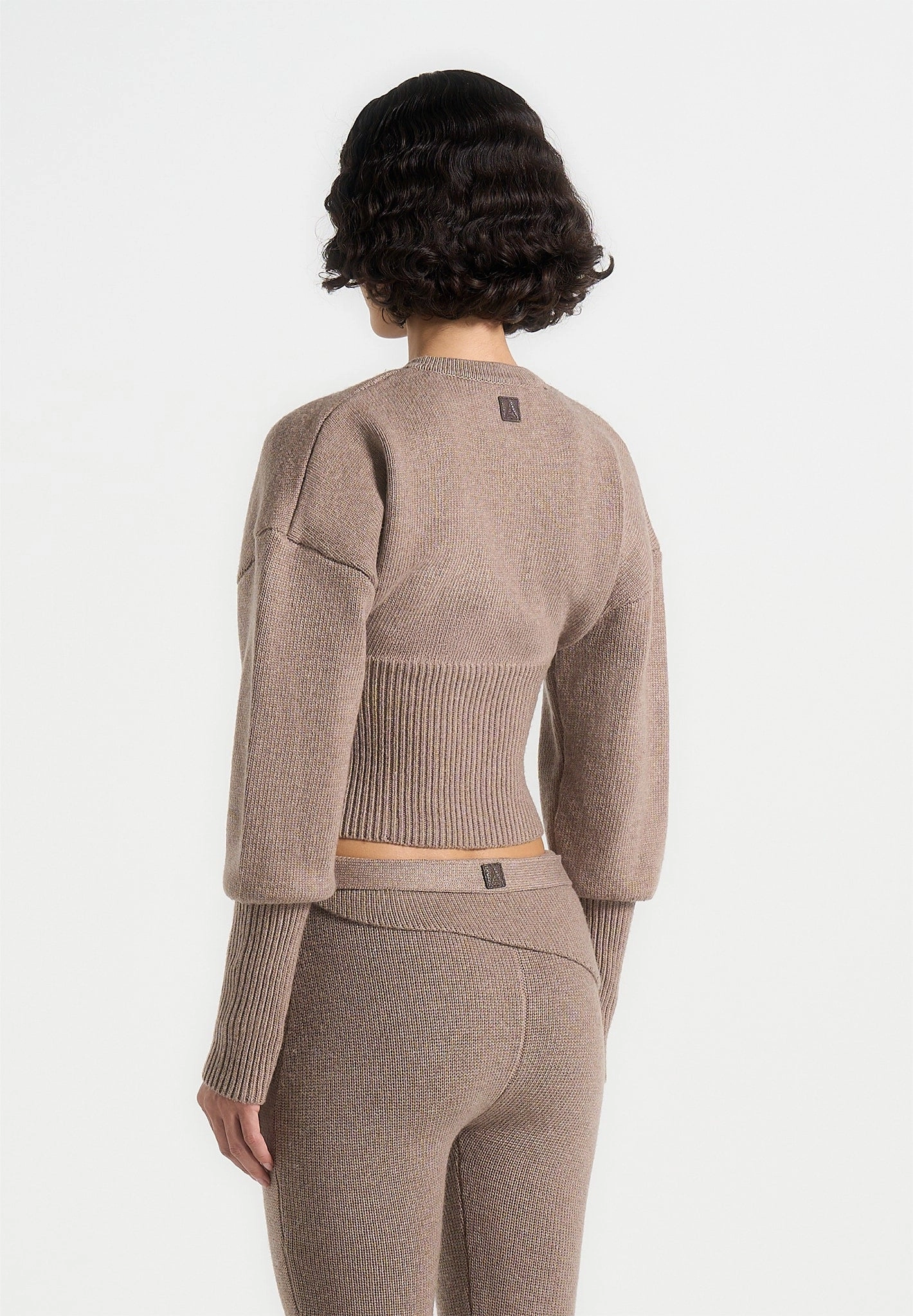 Compression Knit Support Ribbed Detailing Knitted Cinch Waist Cardigan - Taupe