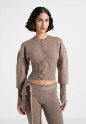 WrinkleResistant Knitted Cinch Waist Cardigan - Taupe