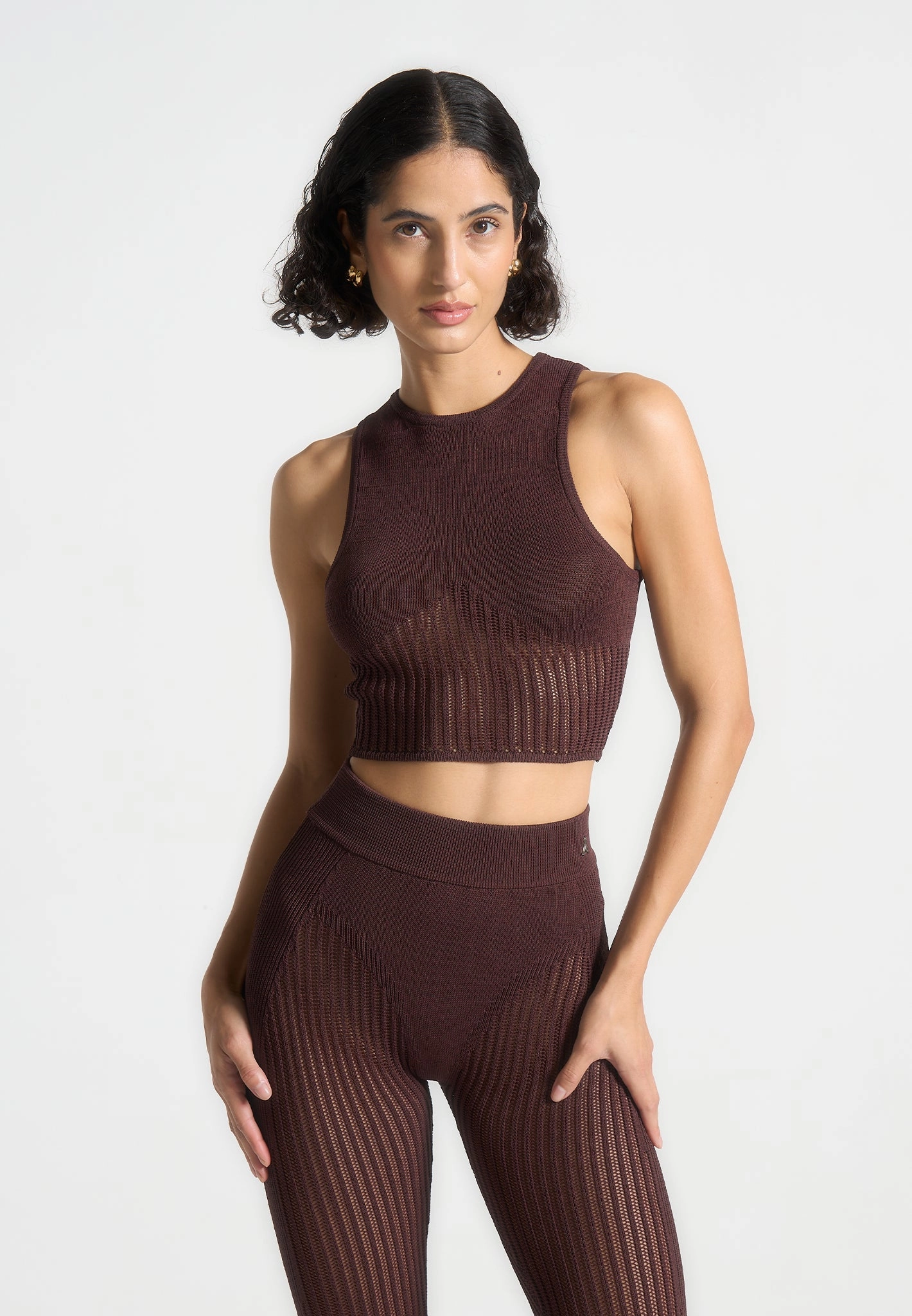 Flatlock Seam Construction NonRestrictive Cuff Knitted Contour Crop Top - Brown