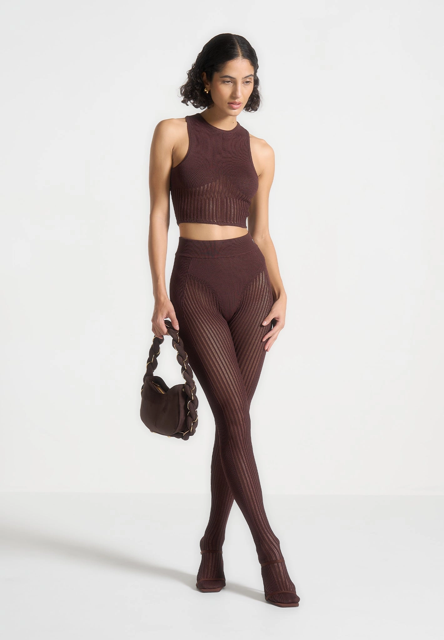 Knitted Contour Crop Top - Brown Workday Fit Comfortable Drape