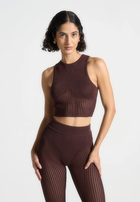 Flatlock Seam Construction NonRestrictive Cuff Knitted Contour Crop Top - Brown