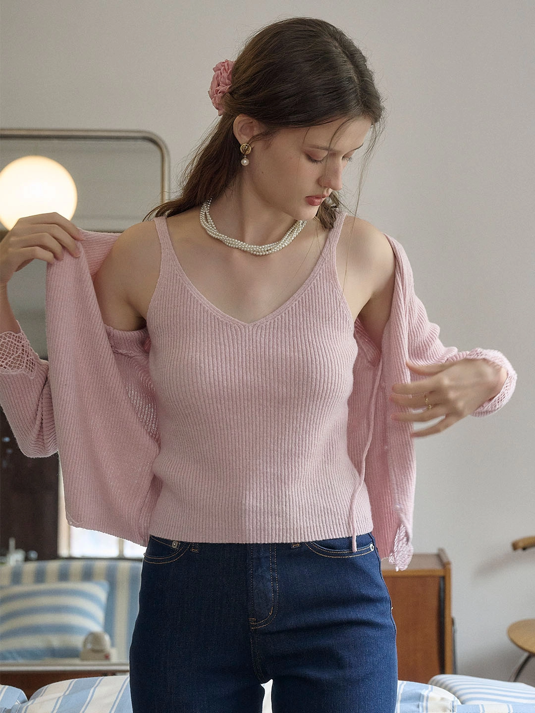 Flexible Neckline Kyla V-neck Tie Lace Hollow Embroidery Knitted Cardigan
