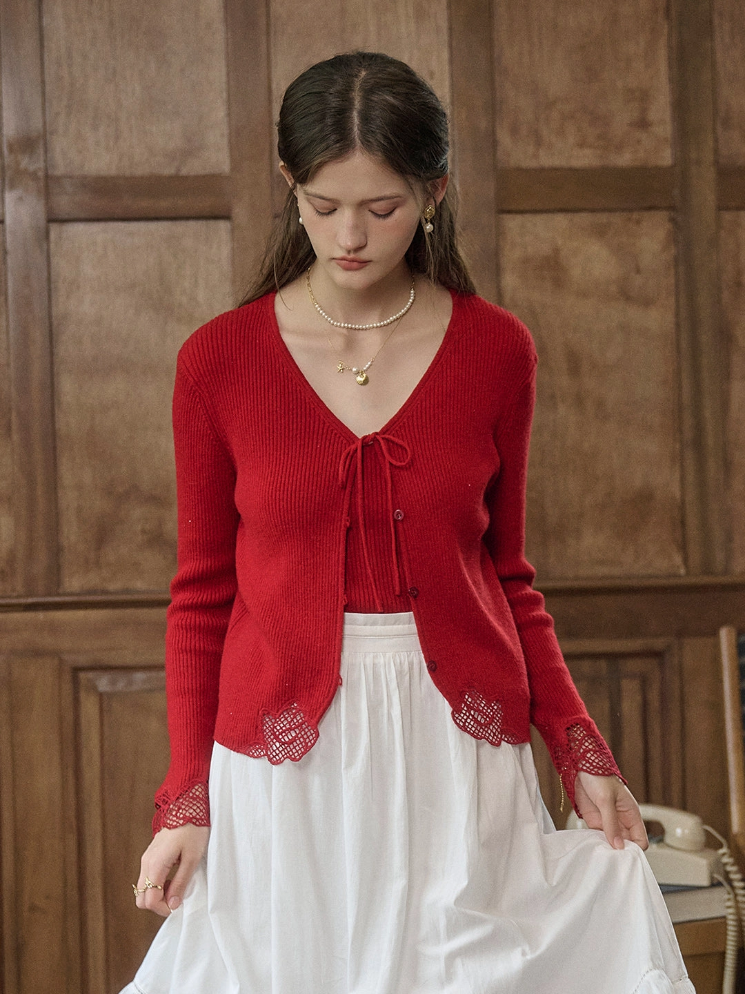 NonRestrictive Fit Kyla V-neck Tie Lace Hollow Embroidery Knitted Cardigan