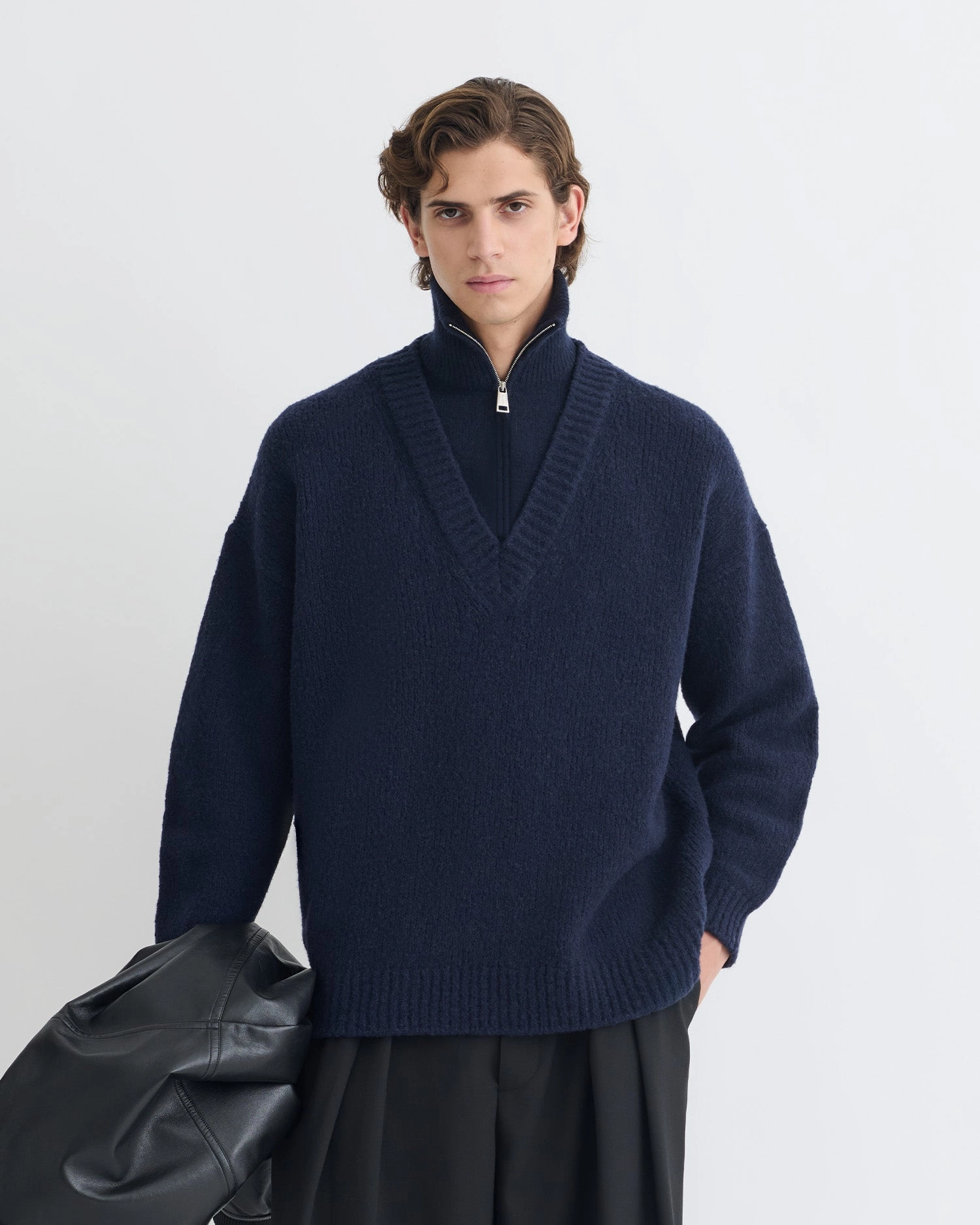 MachineWashable Structure Kylen - Contrast Brushed Merino Sweater - Navy