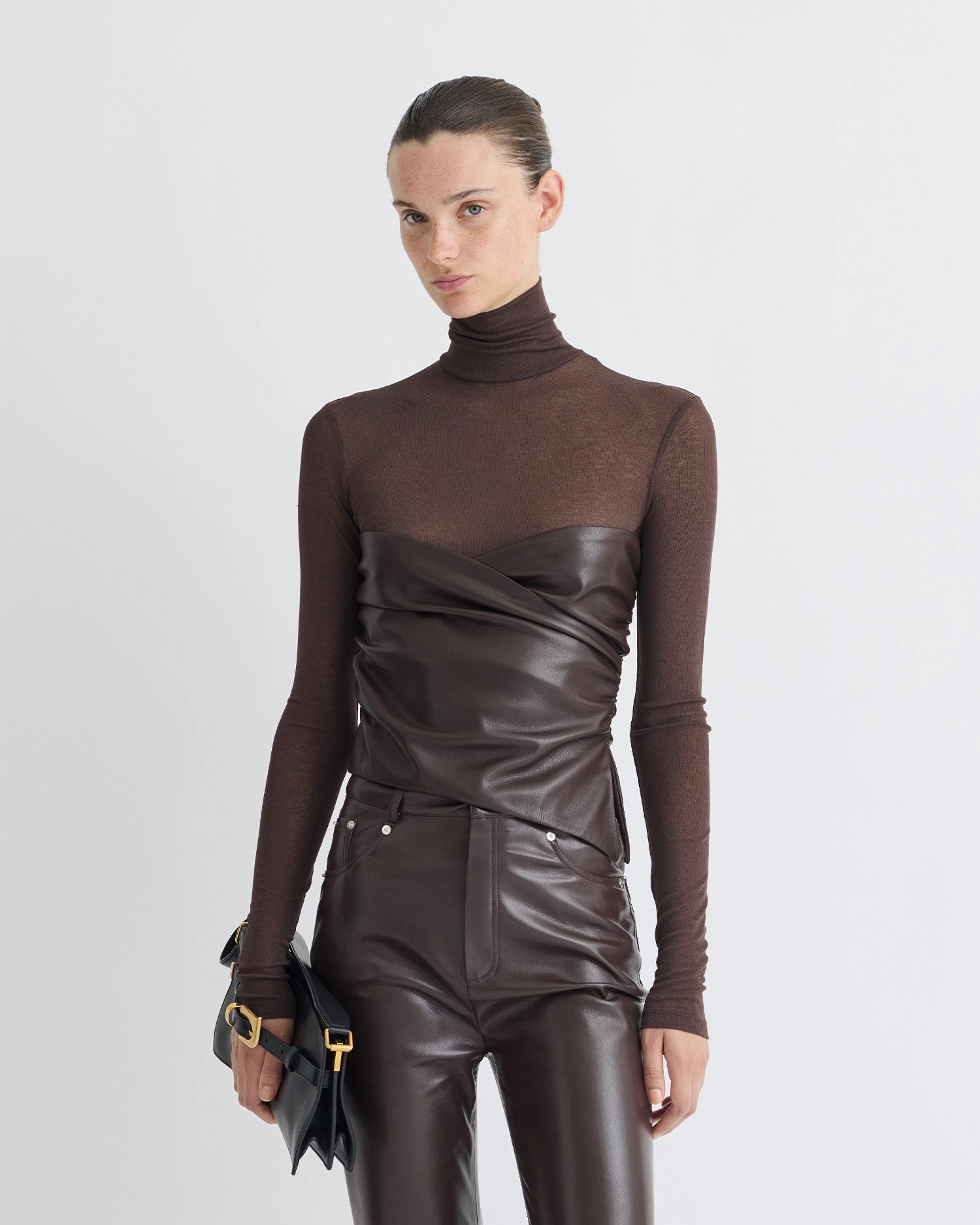Kynlee - Mesh Jersey/Okobor Turtleneck Top - Dark Oak/Coffee Ground MoistureWicking Technology