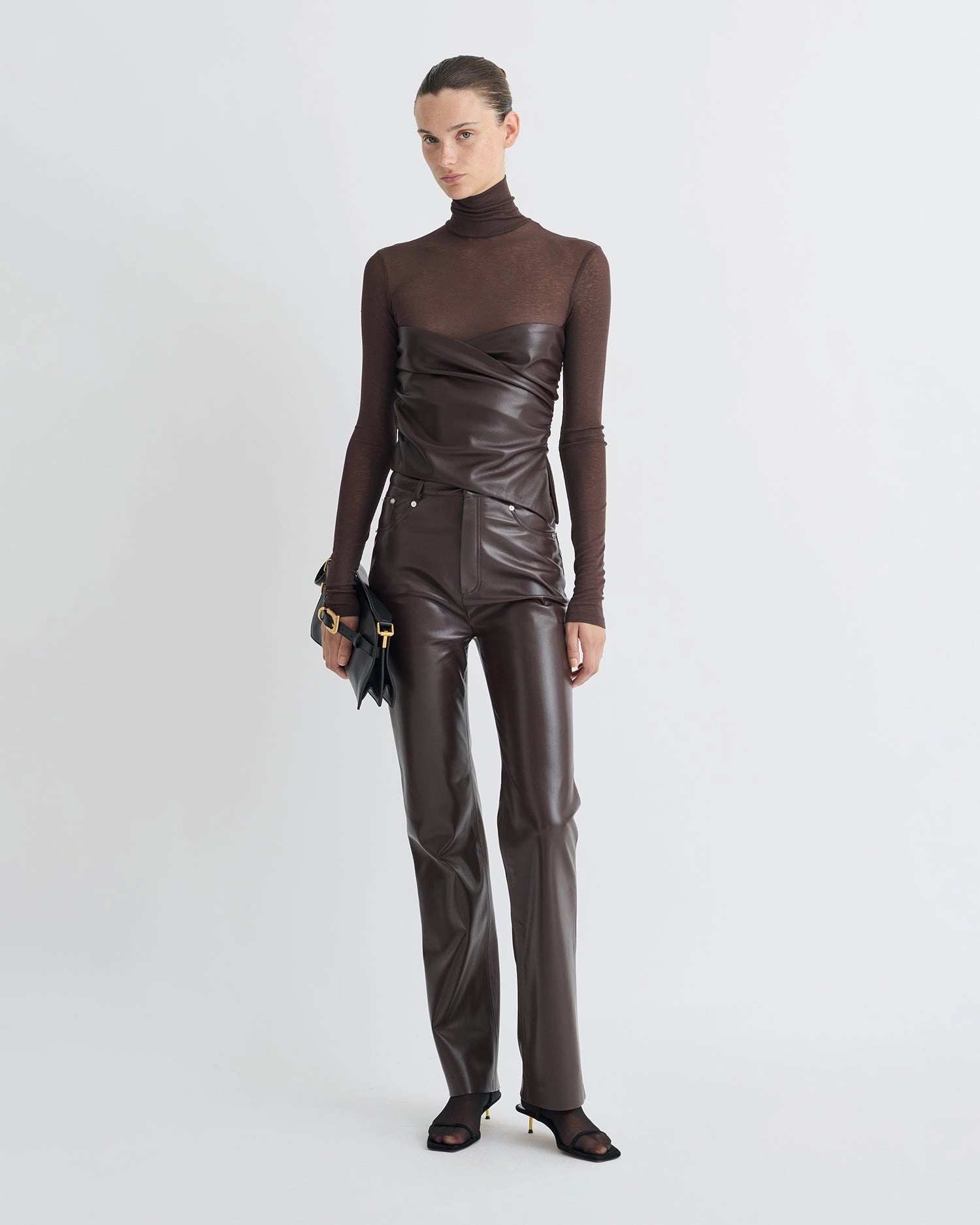 Kynlee - Mesh Jersey/Okobor Turtleneck Top - Dark Oak/Coffee Ground Long Sleeve Tee Button Down Collar