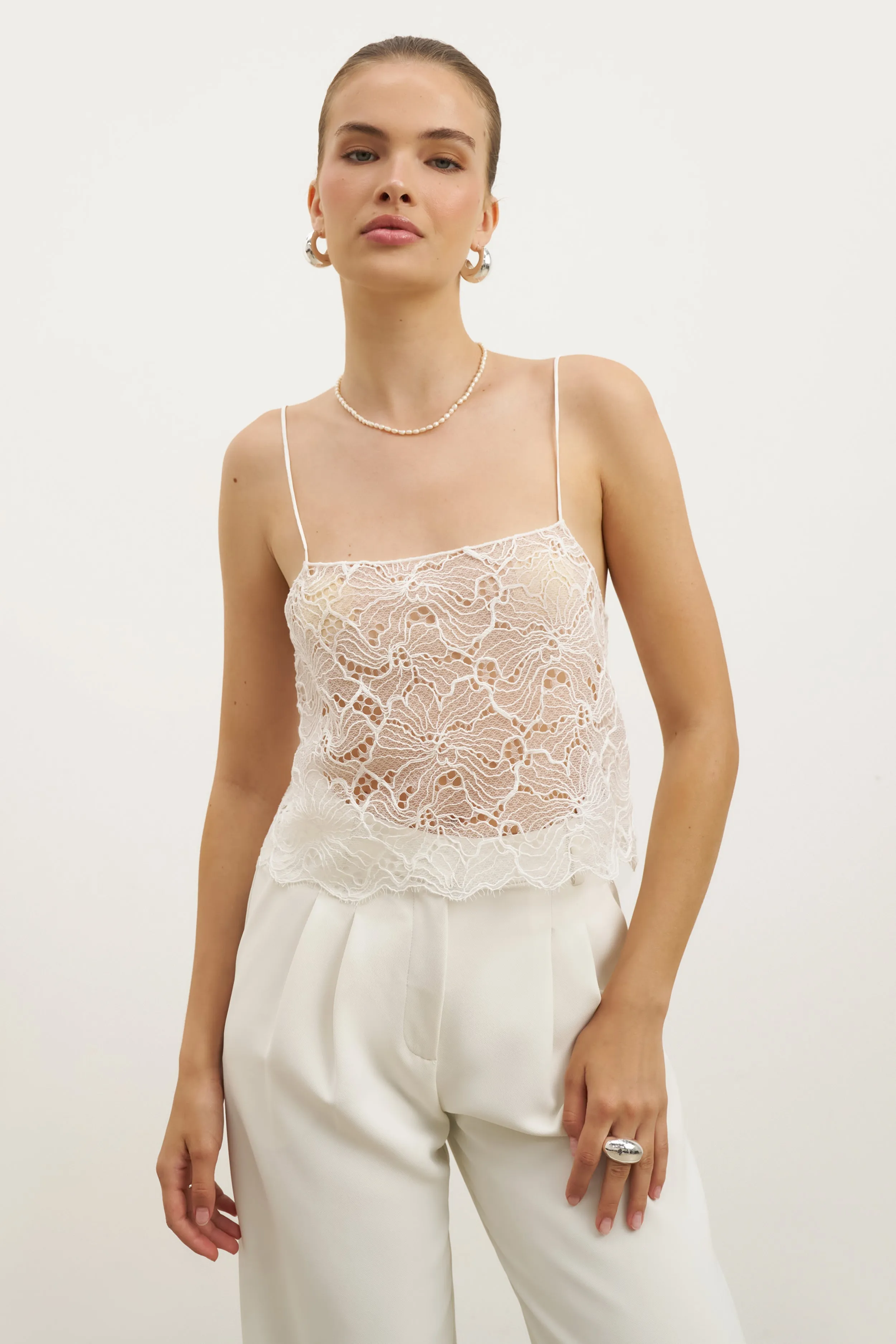 DoubleNeedle Stitching Lace Square Neck Camisole - White
