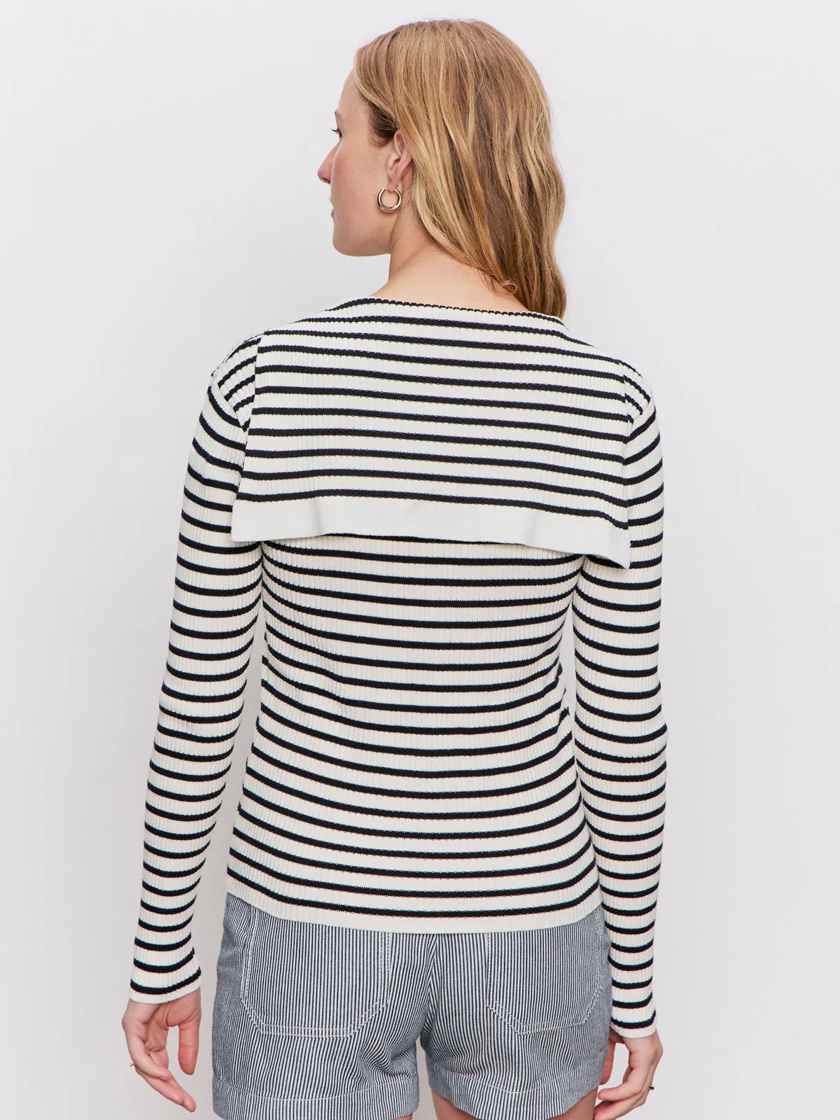 Lace Up Popover Sweater Black Macrame Stripe Layer-Friendly