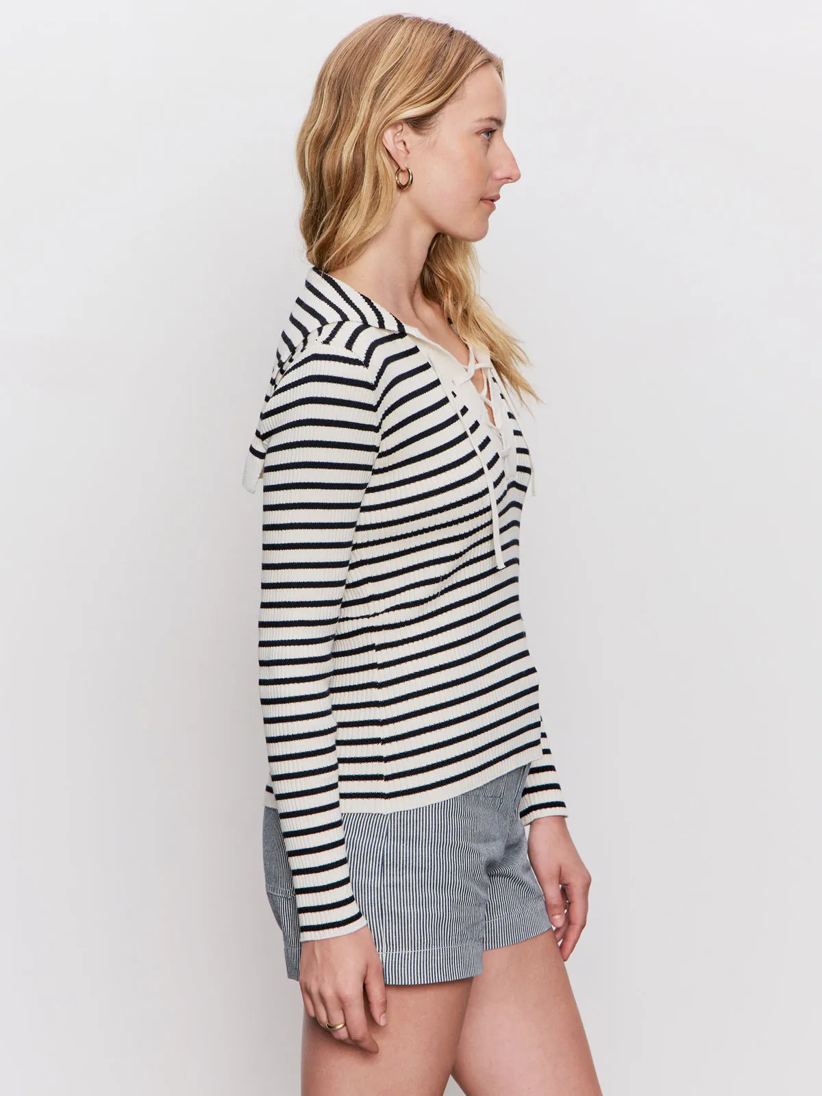 Lace Up Popover Sweater Black Macrame Stripe Breathable Performance Fit School spirit
